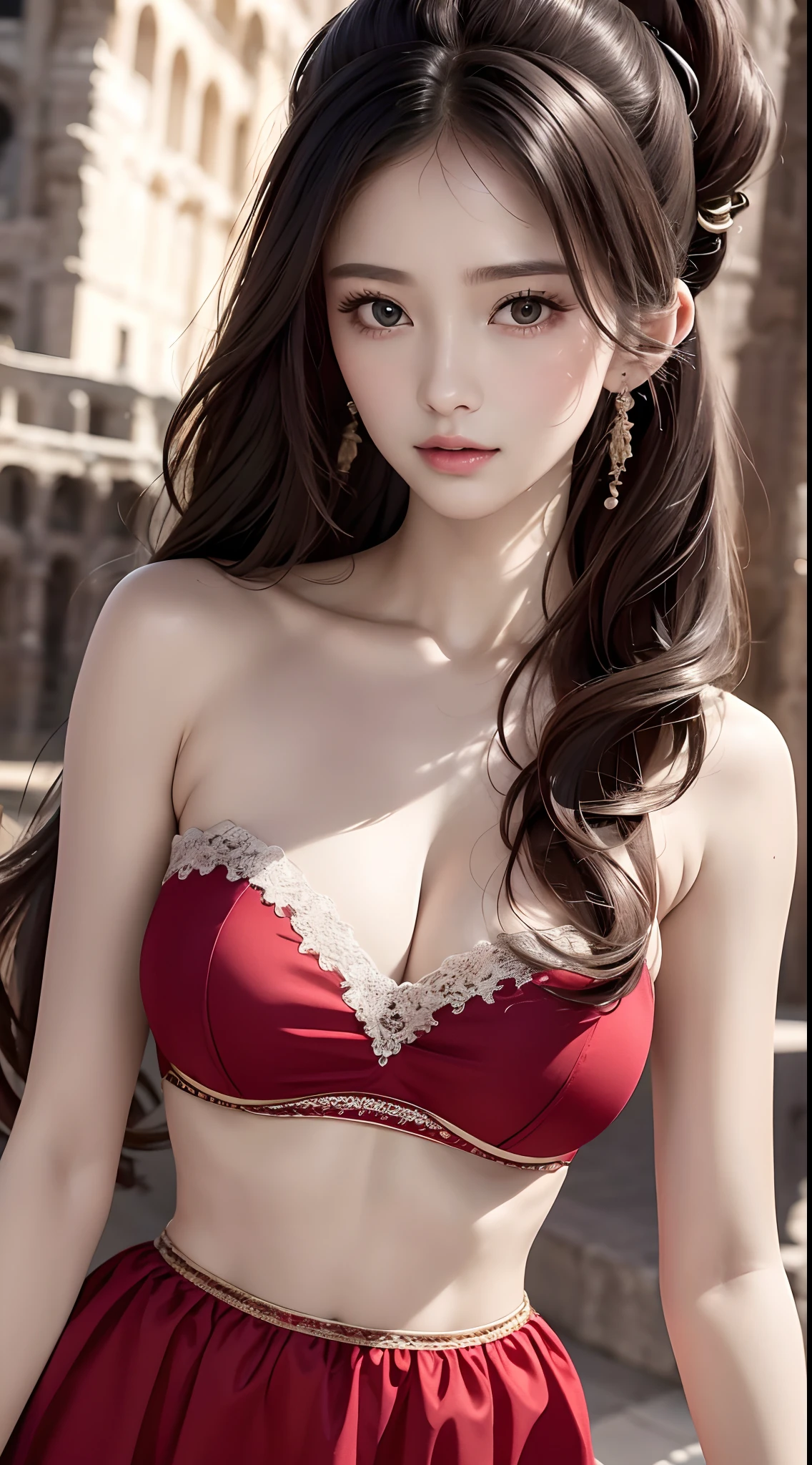 (8K, Best Quality, Masterpiece: 1, 2), (Realistic, Photo Realistic: 1,37), Top Quality, Masterpiece, Skinny 1girl Negona upper body photo wavy ponytail hair, sexy dress, Chest cloth relax, bandeau dress, in the Colosseum, Wide angle close-up