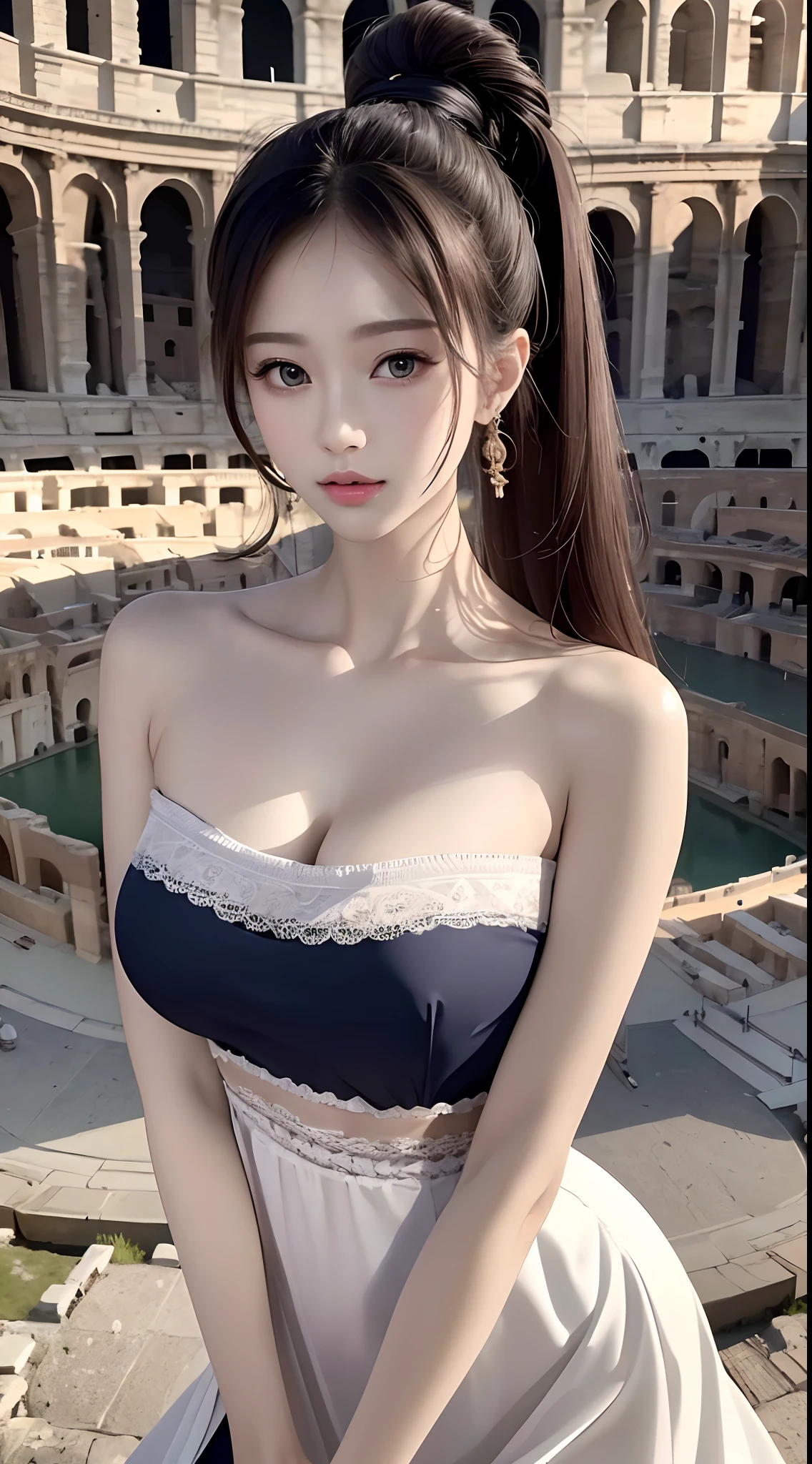 (8K, Best Quality, Masterpiece: 1, 2), (Realistic, Photo Realistic: 1,37), Top Quality, Masterpiece, Skinny 1girl Negona upper body photo wavy ponytail hair, sexy dress, Chest cloth relax, bandeau dress, in the Colosseum, Wide angle close-up