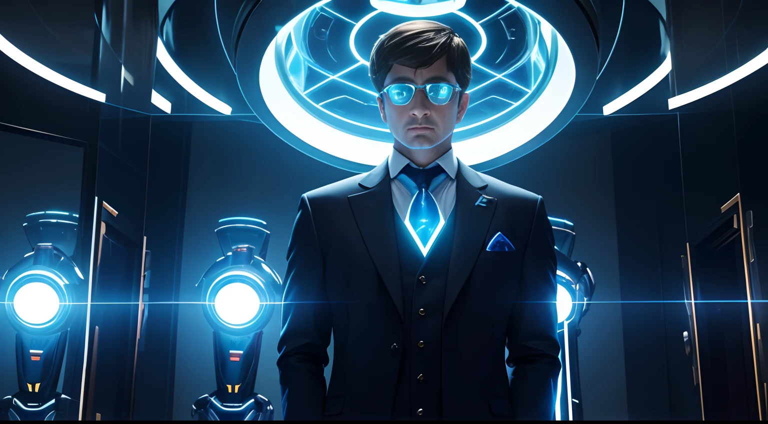 In this shot, Dr. Octavius has donned the complete suit and is standing in front of a large mirror. He gazes into the mirror with anticipation and confidence, wearing his new suit. His mechanical arms have begun to function, emitting a glowing blue light around them, creating an impressive sight.