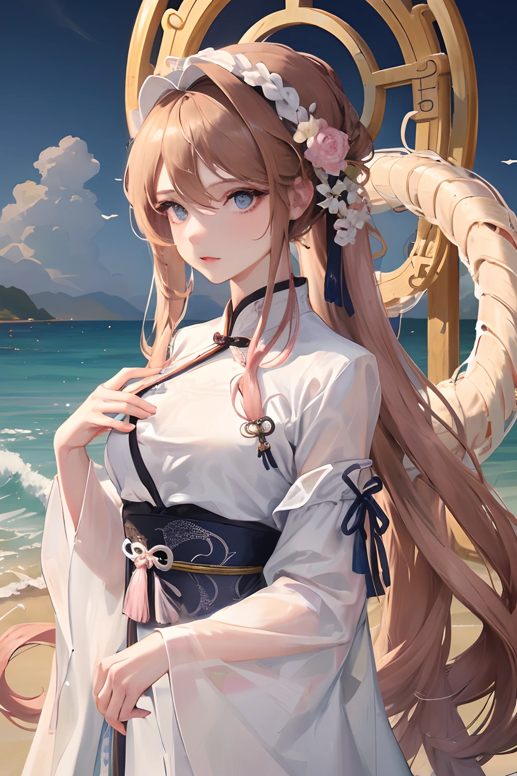Masterpiece, Best quality, Daytime, Outdoor, beach, A beautiful woman who is, Mature, Chinese style, Ancient China, sister, Imperial sister, Cold expression, Expressionless face, Dark blonde hair, blue eyes, Single strips of fried dough twisted braid, Coiled hair, Double ball head, white clothes, Light pink lips, calm, Intellectual,