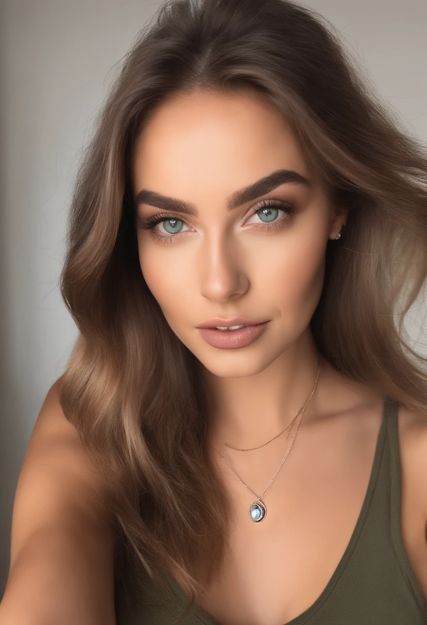 Arafed woman with a white tank top and necklace, fille sexy aux yeux verts, Portrait Sophie Mudd, cheveux bruns et grands yeux, selfie of a young woman, Yeux de chambre, Violet Myers, sans maquillage, maquillage naturel, looking straight at camera, Visage avec Artgram, Maquillage subtil, stunning closeupheadshot, piercing green eyes, 8k