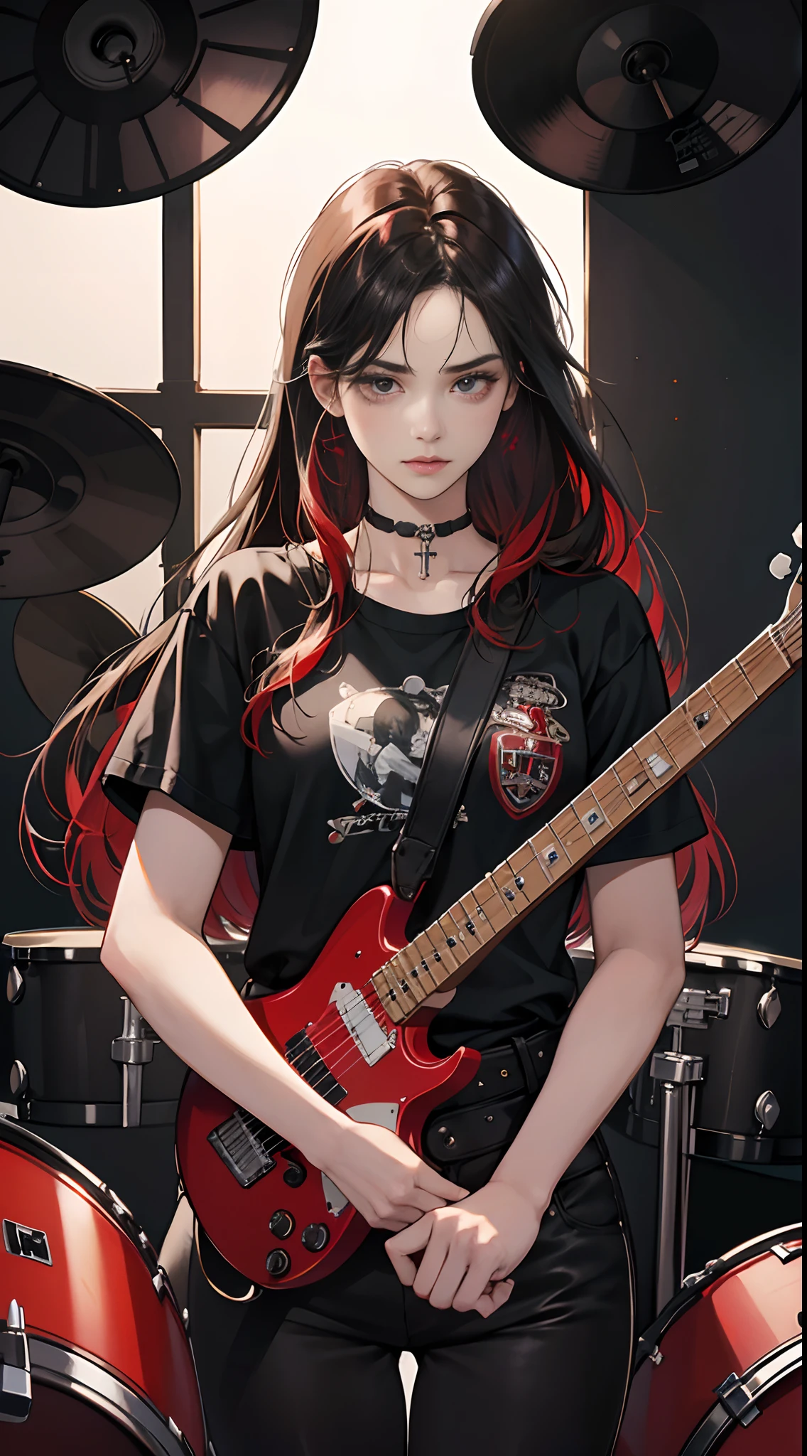 (Best Quality,4K,High resolution),18-year-old woman,drums,drummer,Drum Girls,Black hair with red streaks,Long hair,Straight hair,Cool Woman,Sharp eyes,Cold eyes,beautifully drawn,Realistic depiction,delicate illustration,Music Studio Background,gothic atmosphere,Visual kei,Oversized Rock T-Shirt,Loose fit,Red choker,Tight pants,Leather,cross belt