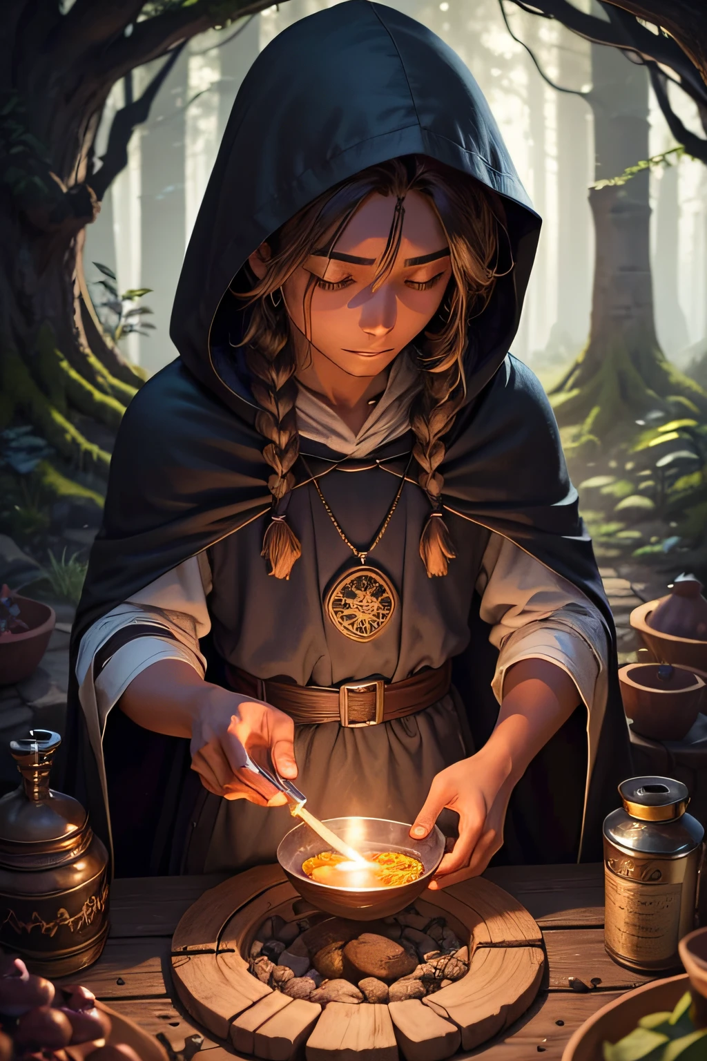 Young Mage with Brown Skin and Long Hair Tied, Wearing a dark hooded tunic, he is excitedly preparing a mysterious eternal youth potion from herbs, mushrooms and other ingredients. It is in the middle of a magical forest scenery.