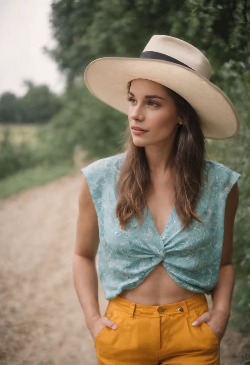 magnificent young woman with blue eyes, this woman has short and curly hair, luscious lips and is in the woods by a lake during the day with friends by a tent laughing and holding wild flowers, she is wearing a boho hoody and blue jeans