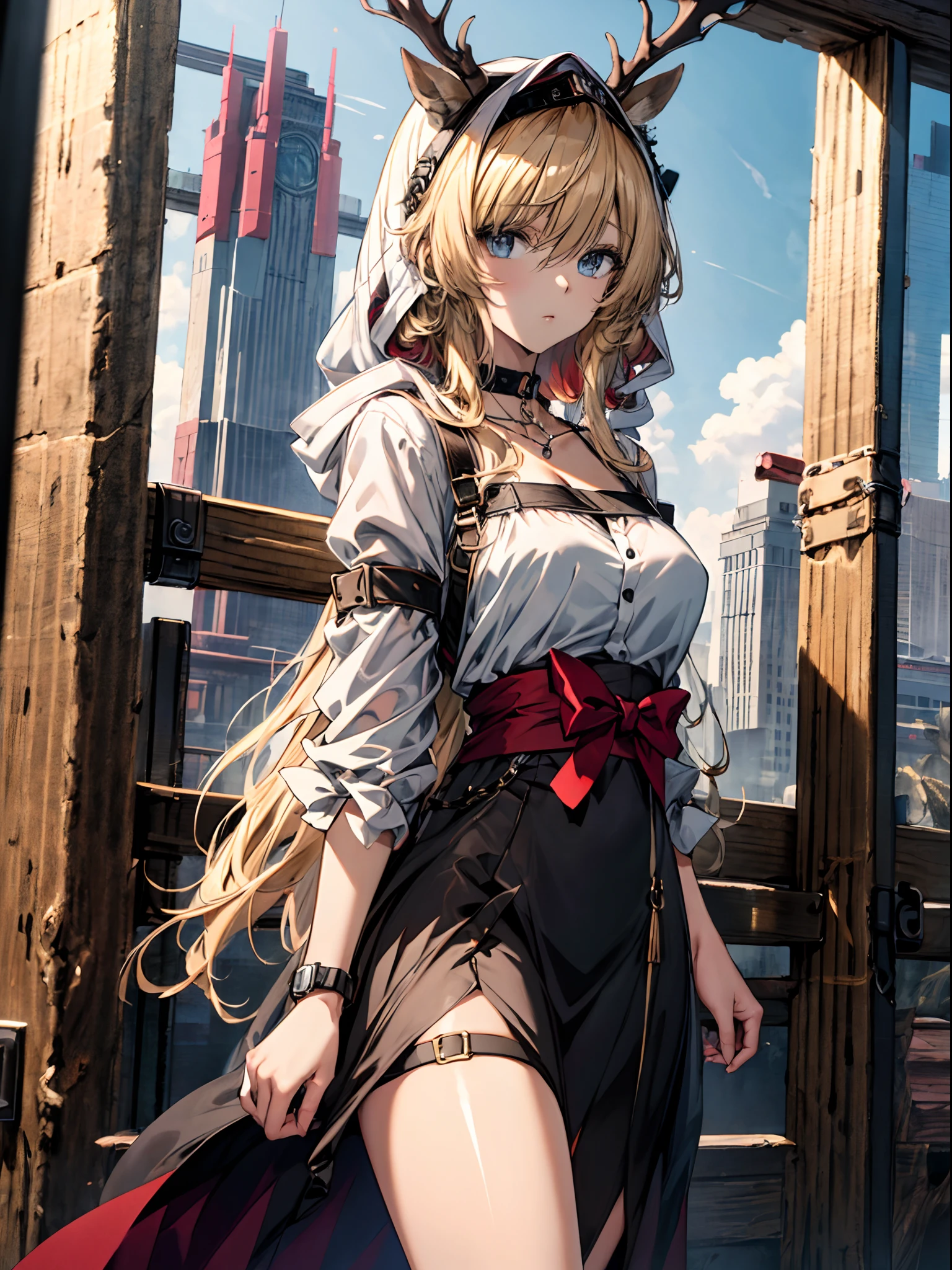 (((Masterpiece))),(incredibly_absurderes),(Best quality),(A high resolution),(Highly detailed),((CG unity 8k wallpaper))，Best quality at best，tmasterpiece，1girll，blond hairbl，messy  hair，curly_Hair，The shirt，a skirt，kawai，JK，Red_bow，Wrist watch，choker necklace，view over city，Original photo of 8K，超高分辨率，highest details，复杂，8K，hdr，