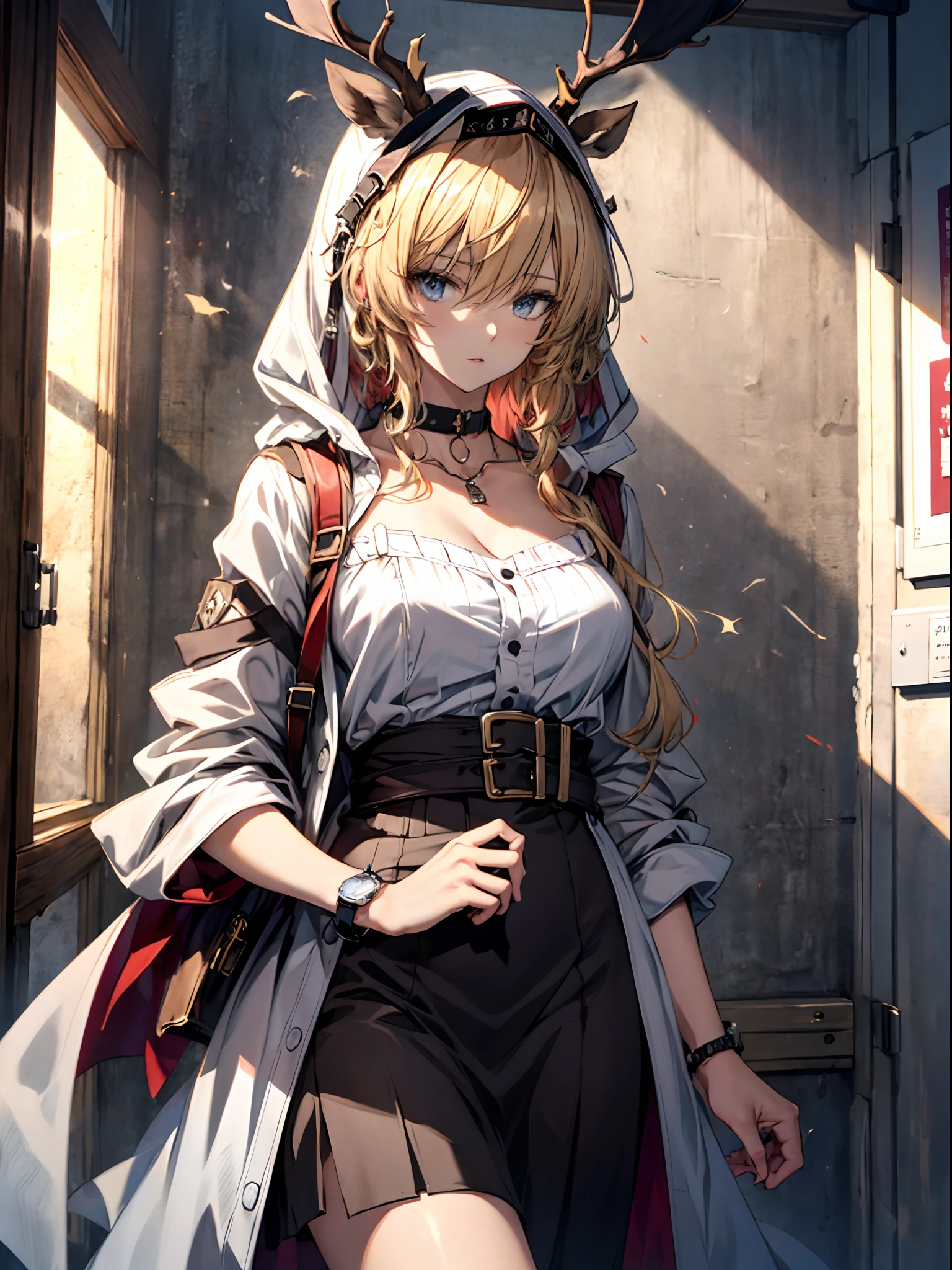 (((Masterpiece))),(incredibly_absurderes),(Best quality),(A high resolution),(Highly detailed),((CG unity 8k wallpaper))，Best quality at best，tmasterpiece，1girll，blond hairbl，messy  hair，curly_Hair，The shirt，a skirt，kawai，JK，Red_bow，Wrist watch，choker necklace，view over city，Original photo of 8K，超高分辨率，highest details，复杂，8K，hdr，