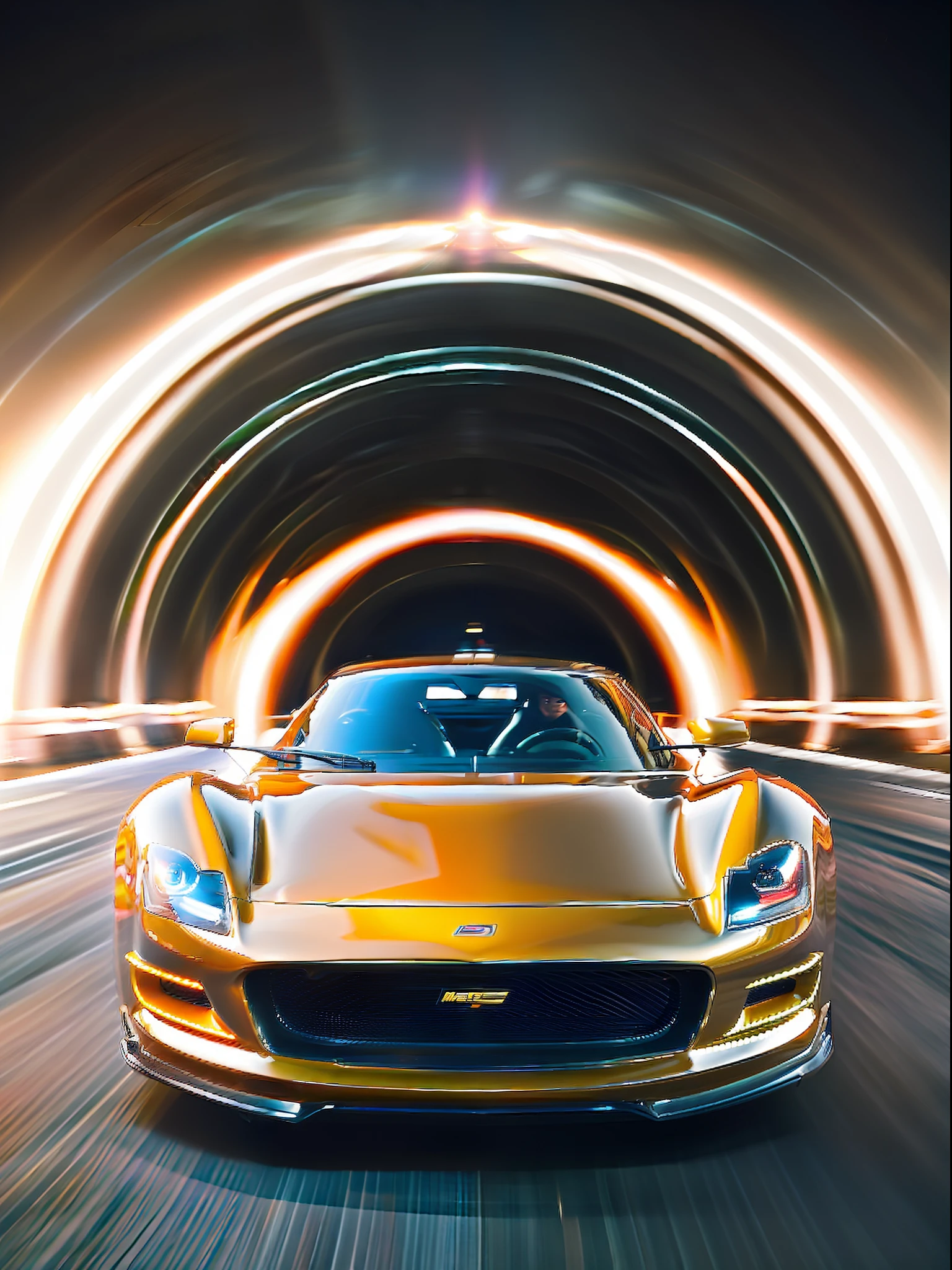 (of the highest quality, High resolution, masutepiece, realistic photo shot, Highly detailed, Motion Blur), Midnight, Futuristic sports car, Fully symmetrical design, Cab driver, Yellow car, Running at the speed of sound, Headlights on, Straight tunnel, invigorating, Physically Based Rendering,