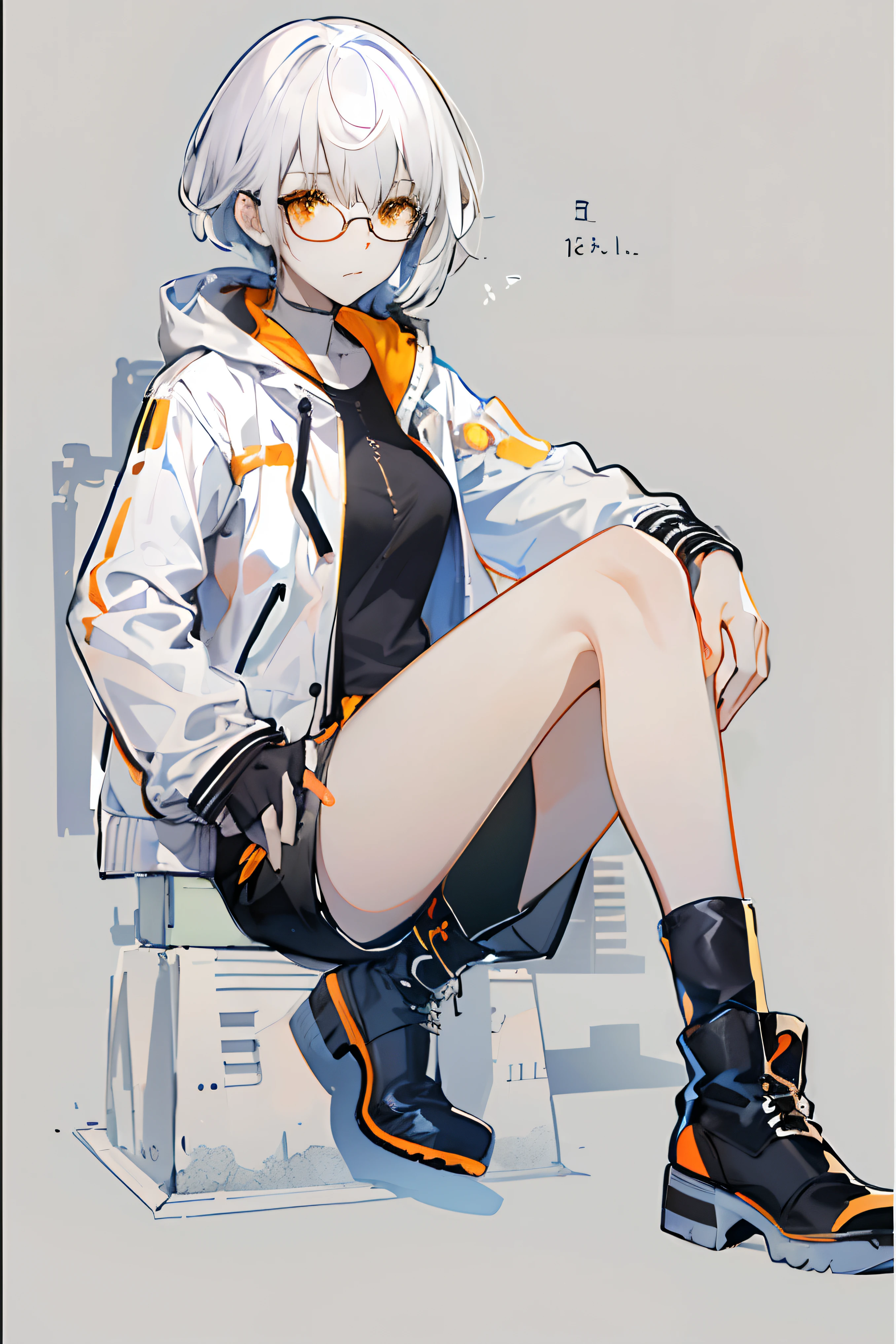 Colored base sketch, unique short white hair, orange eyes, shiny boots, ((plain design)), ((high rsolution)), ((sitting)), ((perfect anatomy)), short black boots, white jacket, grey top, , black shorts ((simple)), ((1girl, solo, perfect anatomy)) , dynamic pose, glasses, looking up at viewer, somewhat side view, ((perfect))