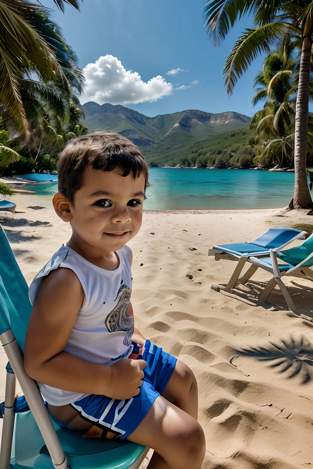 a professional photograph of a 3-year-old boy wearing beachwear, seated on a beach chair, looking at the camera. In the background, include the sea, white sandy beach, mountains, and palm trees. The photograph should highlight the boy seated amidst a beautiful setting. Capture the scene at sunrise to bring warm colors to the subject. Pay meticulous attention to (((intricate details))) to ensure the boy and the surroundings appear stunningly real. Aim for (((extreme detail quality))) to create a visually captivating photograph.