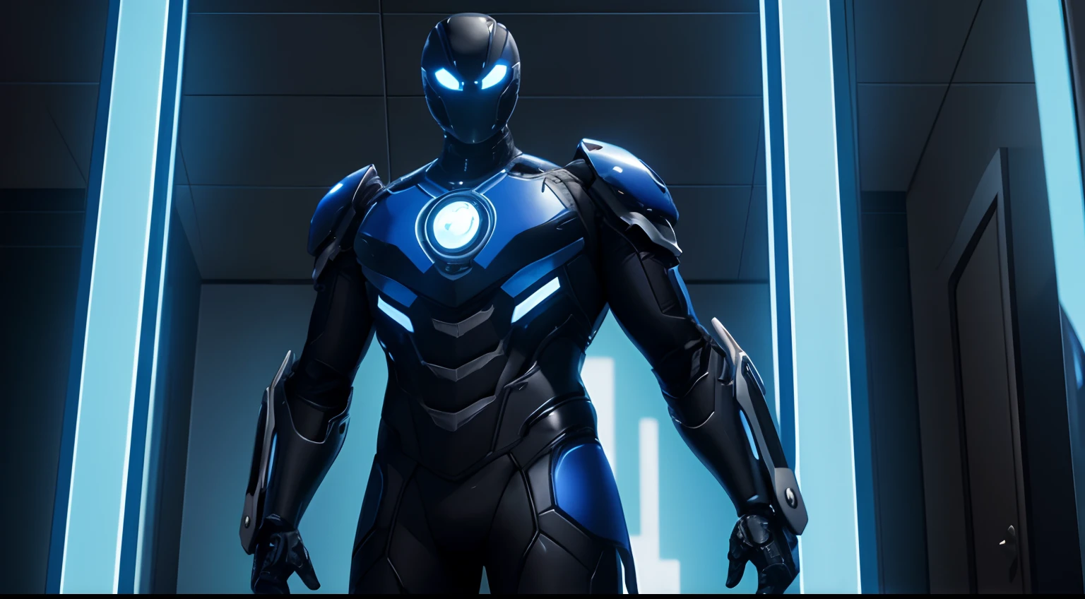 In this shot, Dr. Octavius has donned the complete suit and is standing in front of a large mirror. He gazes into the mirror with anticipation and confidence, wearing his new suit. His mechanical arms have begun to function, emitting a glowing blue light around them, creating an impressive sight.