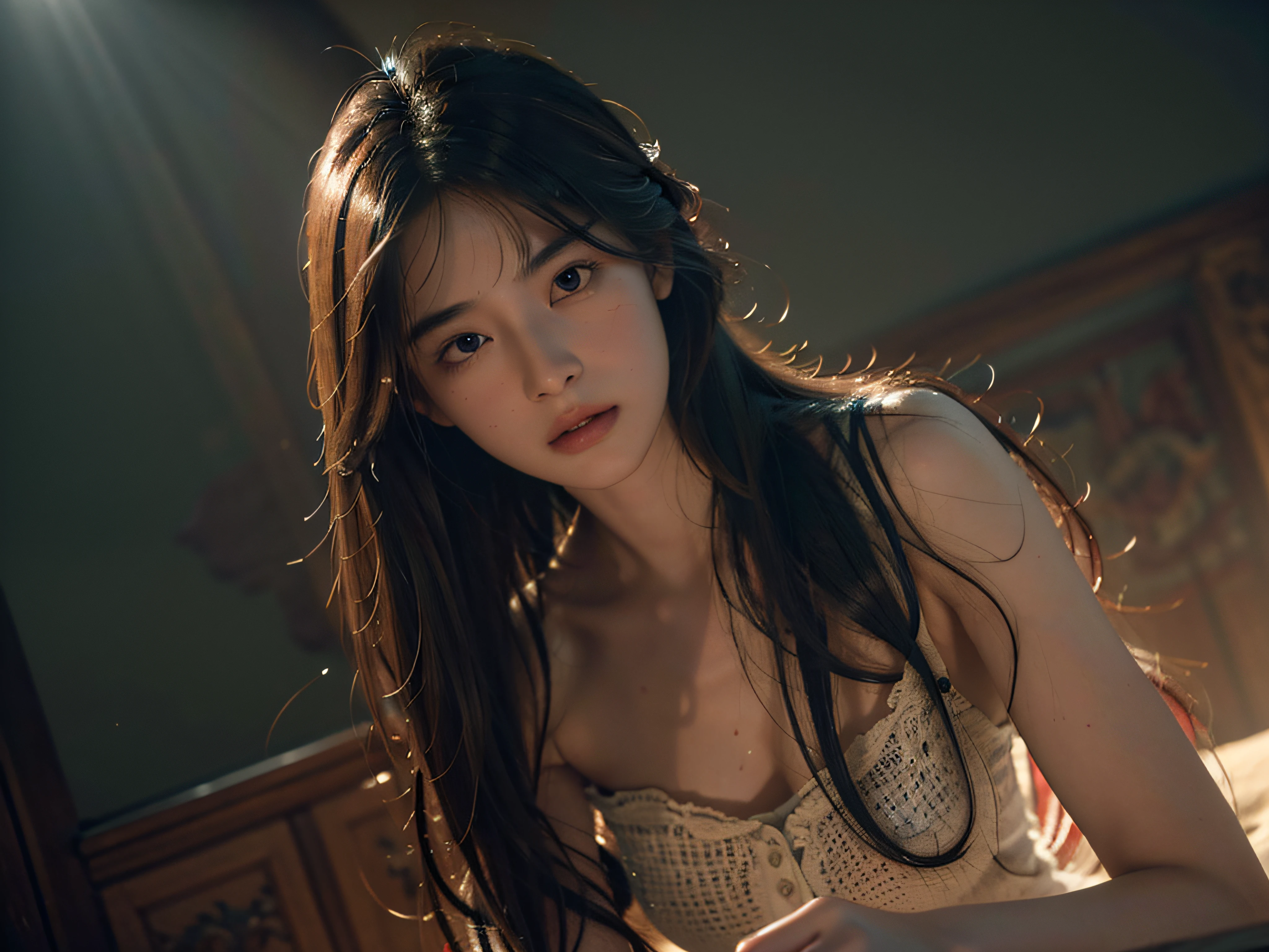 (RAW photo, best quality), (realistic, photo-realistic:1.3),best quality,highly detailed,masterpiece,ultra-detailed,illustration,1girl,upper_body,dynamic angle,world masterpiece theater,messy_long_hair,best quality,extremely detailed CG unity 8k wallpaper,ink,Amazing,cinematic lighting,lens_flare, dunhuang_style