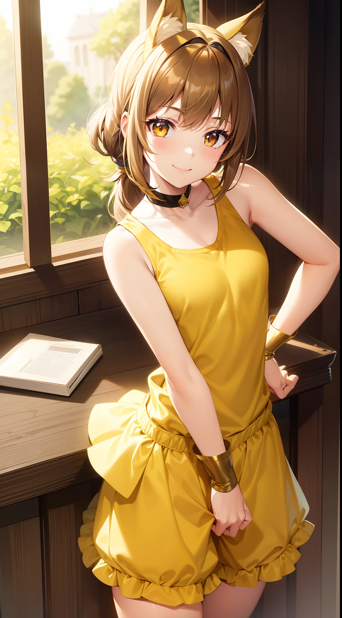 young girl, short brown hair, high ponytail, Heterochromia, green and yellow eyes, Smile, cat ears, Yellow tight sleeveless uniform, tight shorts, diadem, Gold Elements, She-ra, Masterpiece, hiquality, 4k, HD, Good detail