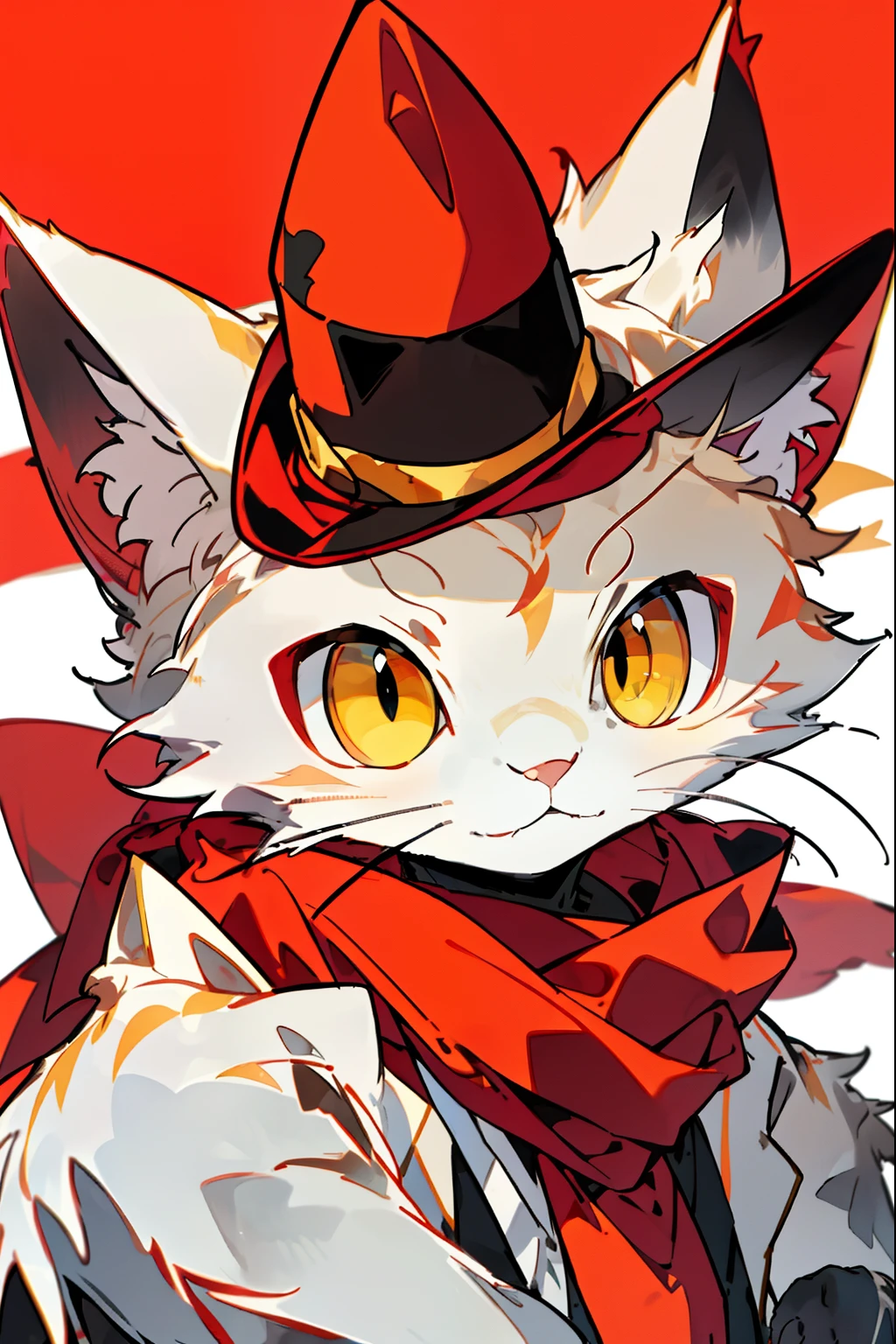 White cat,Red scarf,Golden heavy pupils,Top hat