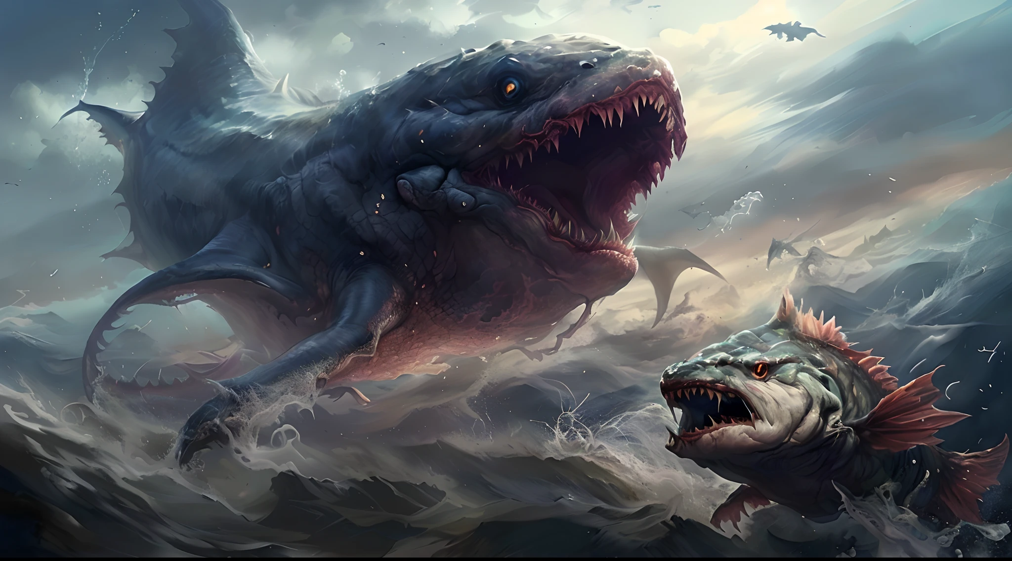 Big fish eat small fish, scary sea monster, underwater sea monster, background artwork,  whale monsters, epic fantasy sci fi illustration