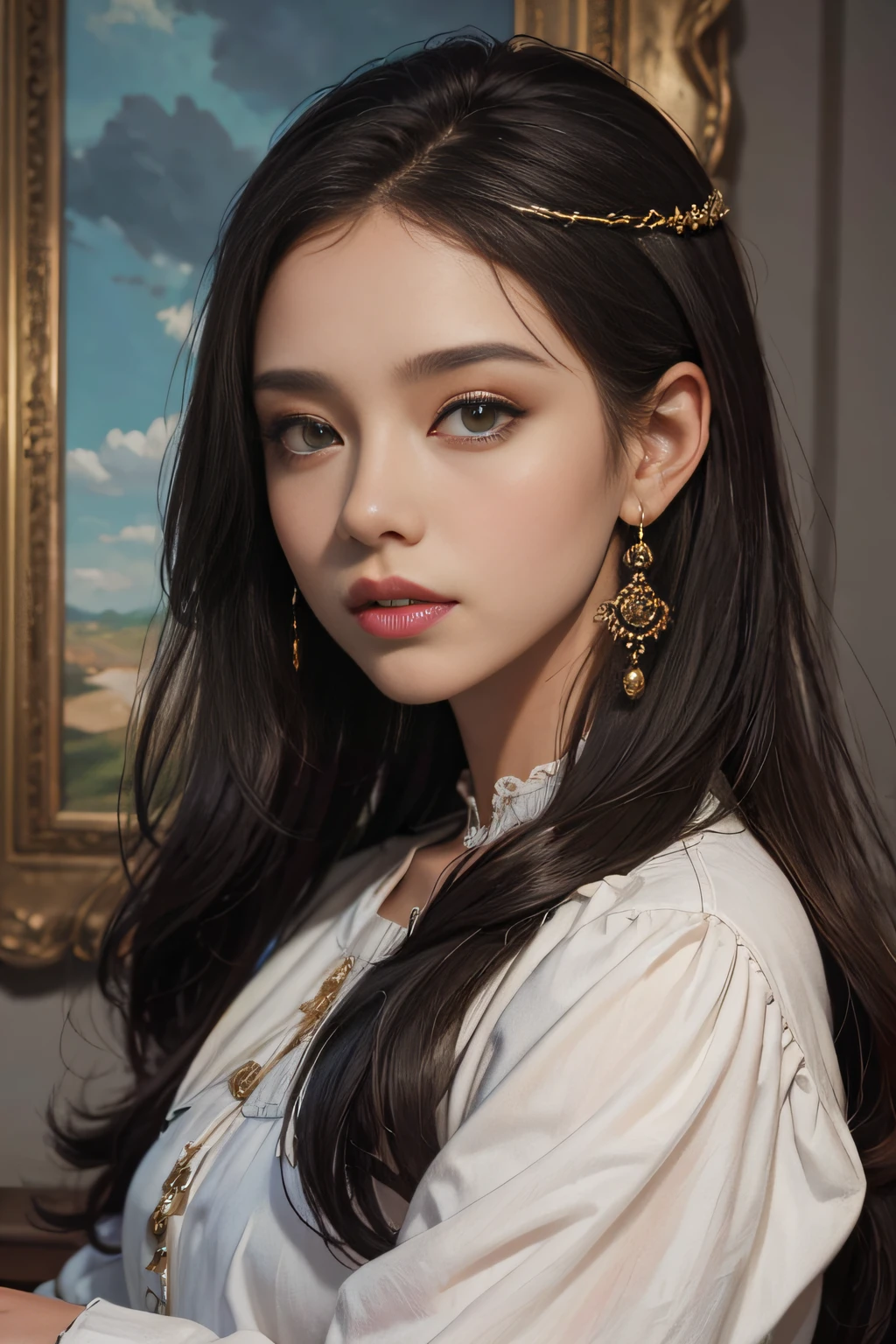 young woman , sozinha , olhar telespectador ,(tmasterpiece )(HighestQuali) ,1girl,oil painted,realistic oil painting , busto , detalhes claros , Alto realismo , period clothing style , beleza natural , profundidade na imagem , sombras bem definidas ,