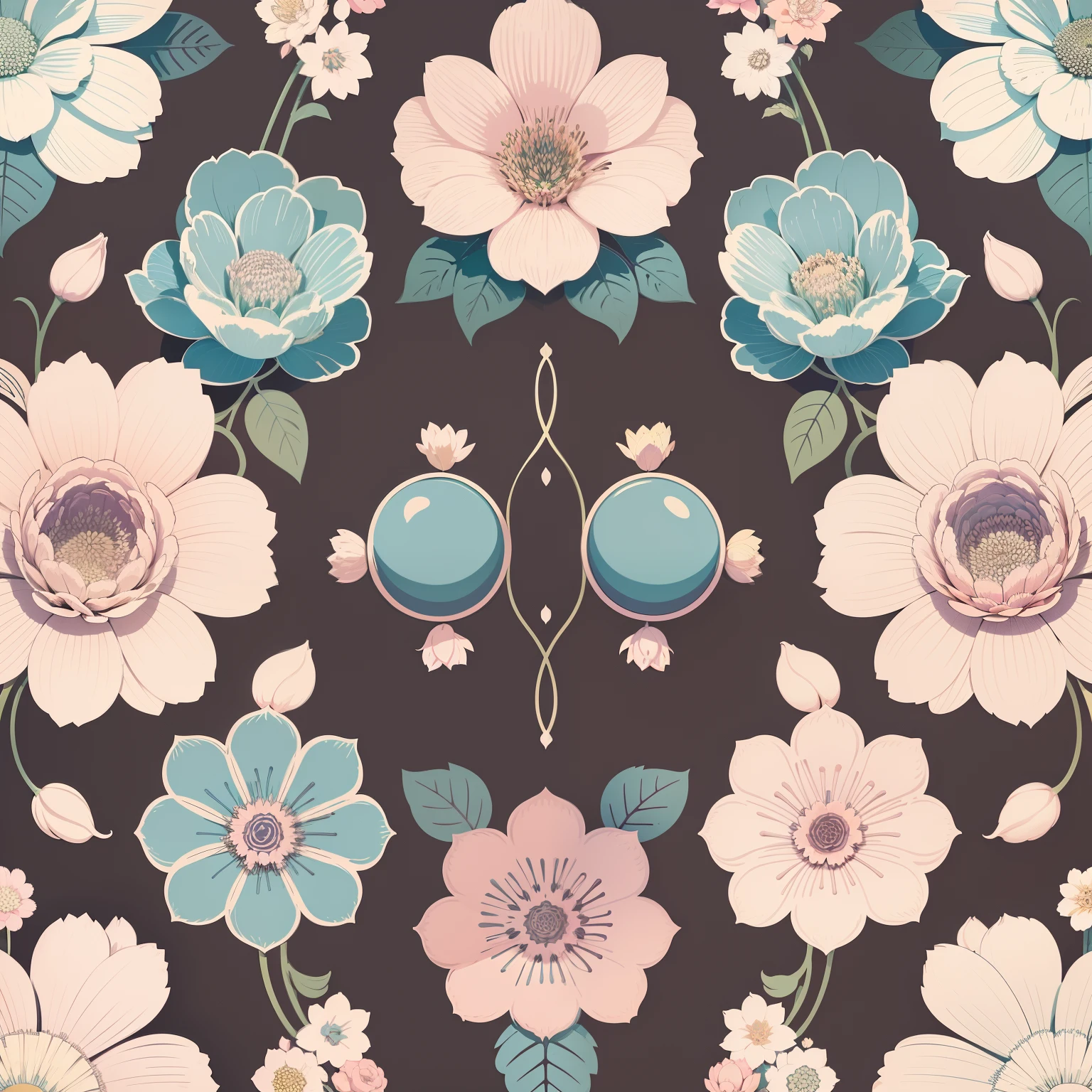 Set pattern of large flowers with plants, defined shape, flat style, vector style, drawing style, naïve style, wallpaper style, in soft pastel colors such as old pink, pastel blue, light blue, beige, pastel yellow and white. No shadows in the images.