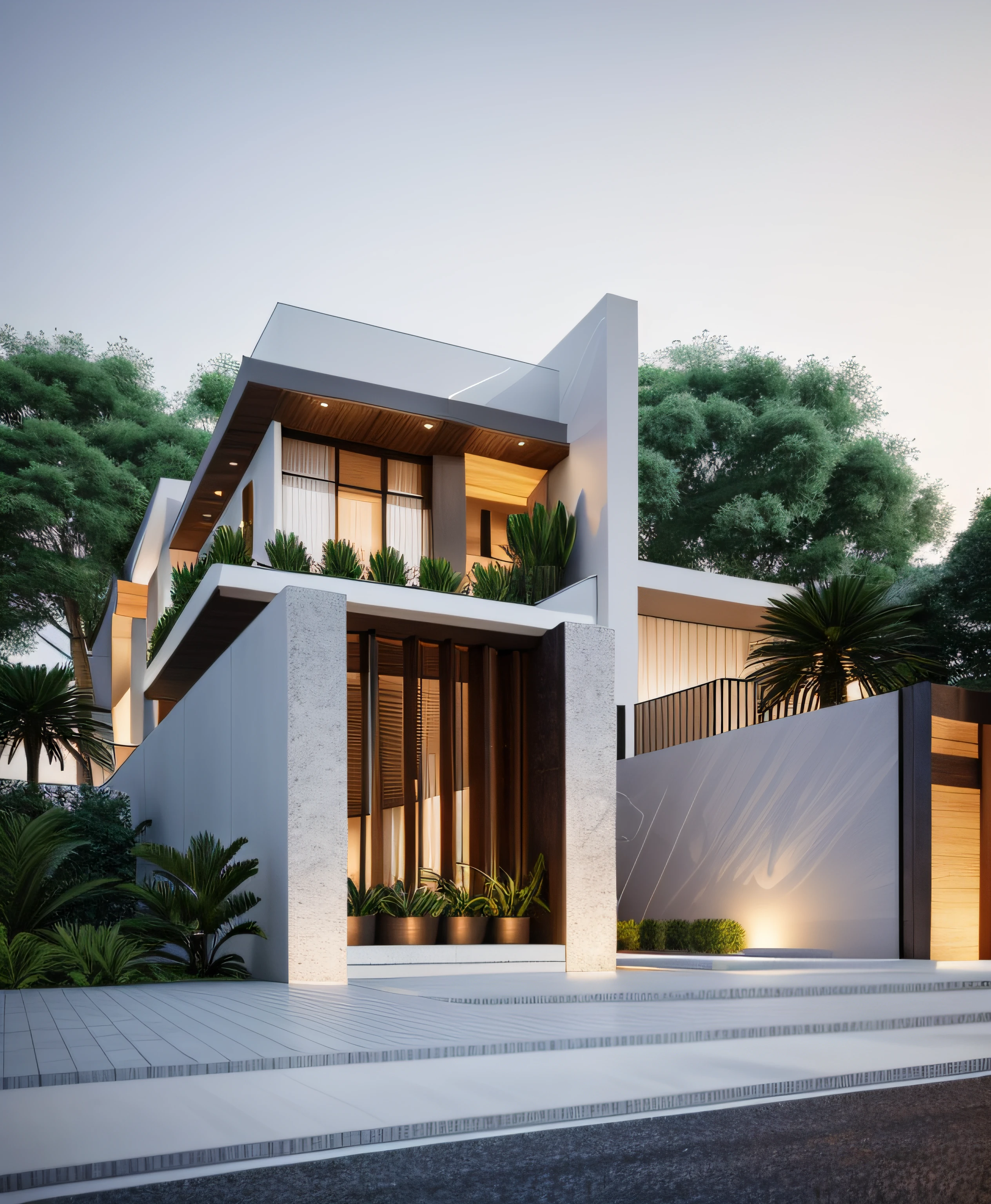 a rendering of a modern house with a large front entrance, concept house, 3 d vray render, architectural visualization, wide angle exterior 2022, high-quality render, overall architectural design, professional render, vray render, render vray, architectural 3 d render, precise architectural rendering, architectural render, architectural rendering, stuning 3 d render,sharp edges, night light,shimmering light,(Imitation wood plastic ceiling),The wall is painted white with a matte finish,Polished stone facade,night light,((Aluminum glass doors on the ground floor)),sharp contours,(((surreal images)))