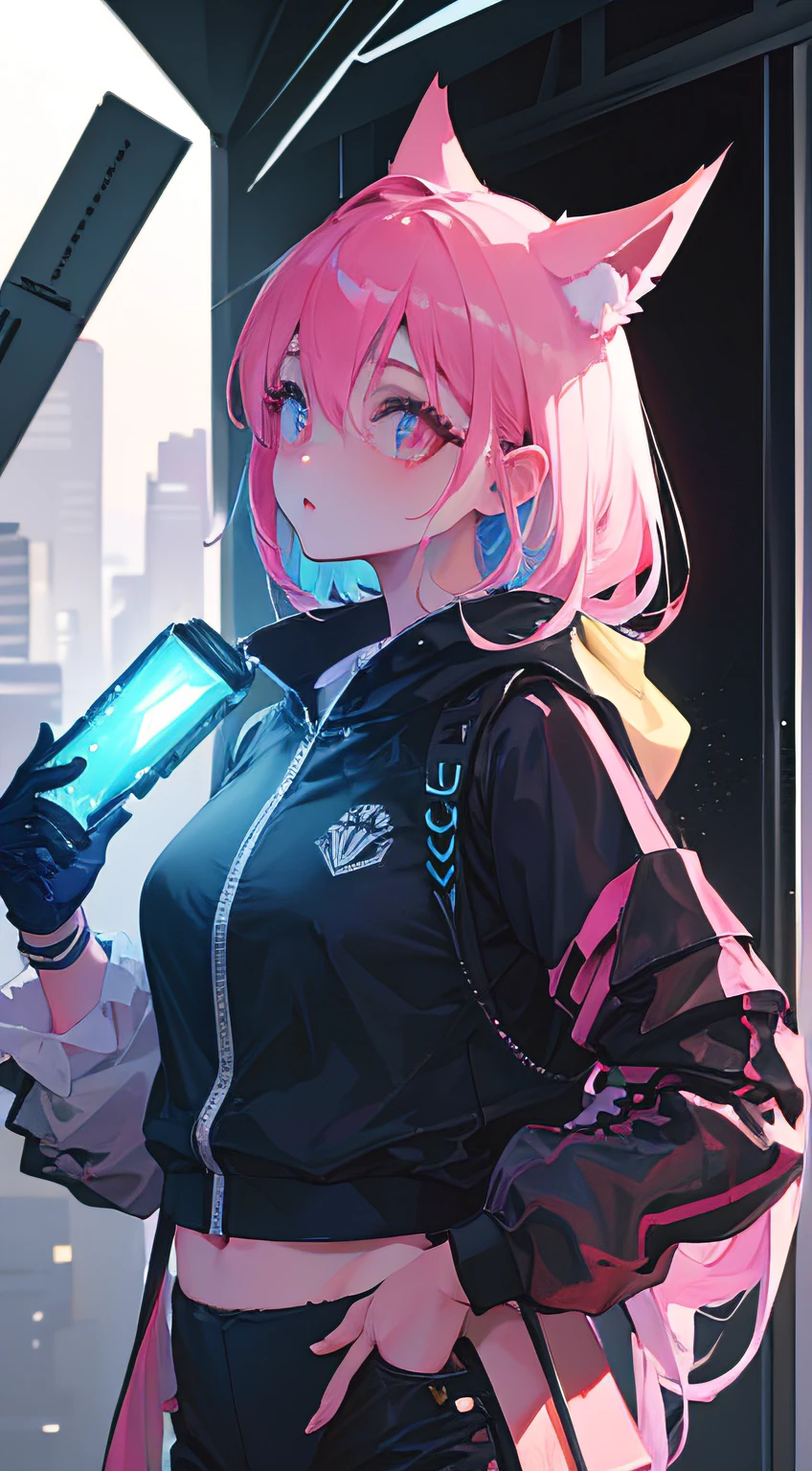 (best quality,4k,8k,highres,masterpiece:1.2),ultra-detailed,realistic, HDR, UHD, studio lighting, extreme detail description, professional, vivid colors, bokeh, a girl wearing techwear, medium length hair, pointy ears, seductive look, cyberpunk style, neon lights, futuristic cityscape, metallic textures, reflective surfaces, glowing tattoos, holographic displays, vibrant colors, edgy fashion, sleek and modern design
