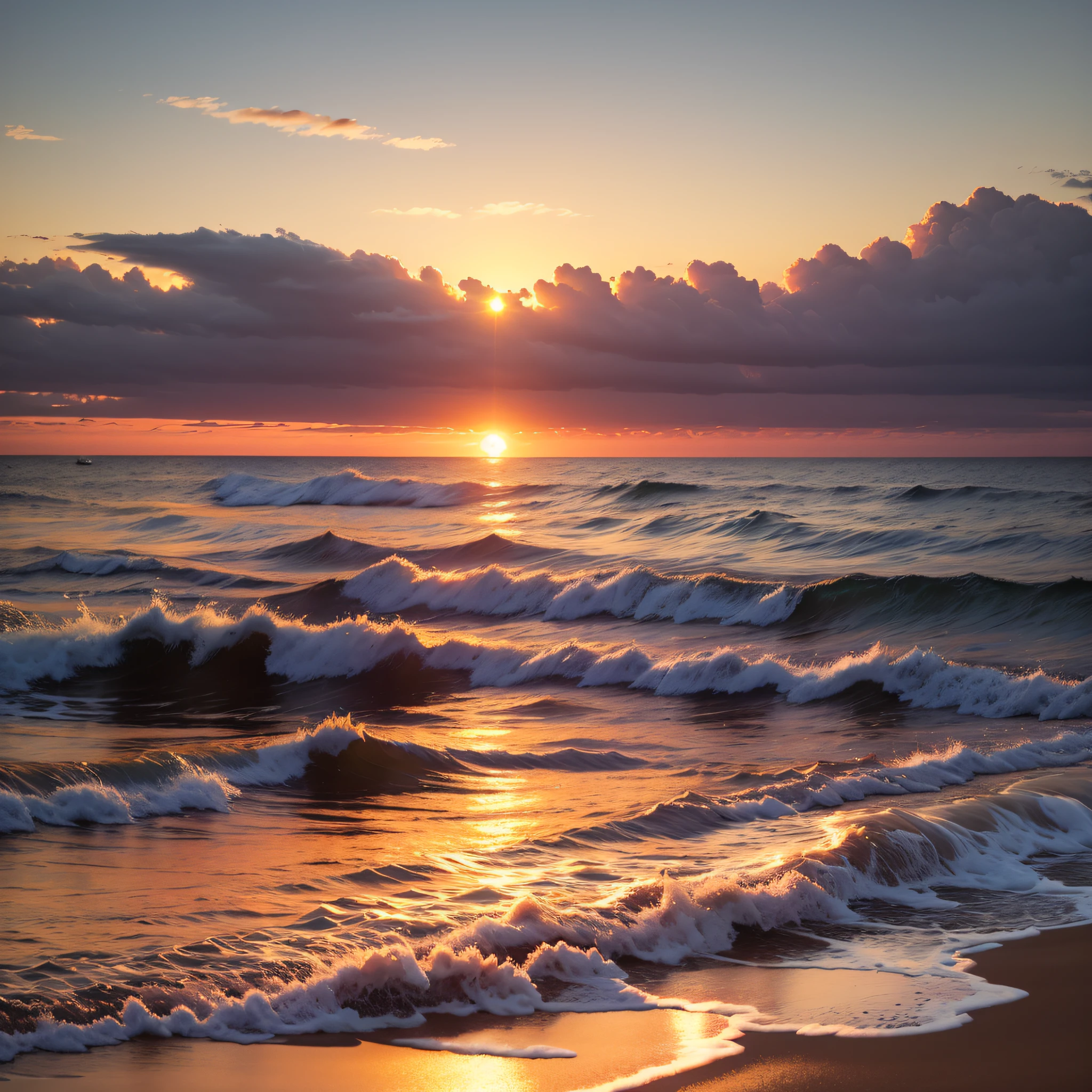 Balmy Sunset by the Sea: The sun setting over the ocean, casting a warm, golden glow across the sky and water.