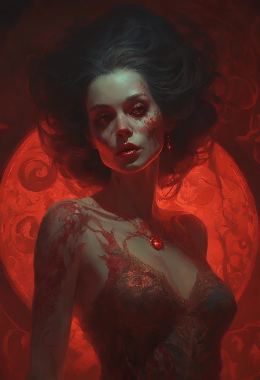 art horror by apterus. beautiful female zombie torn clothes with patterns, a creature with big head and small body, against the background of a round red glow. apterus creepy anatomy