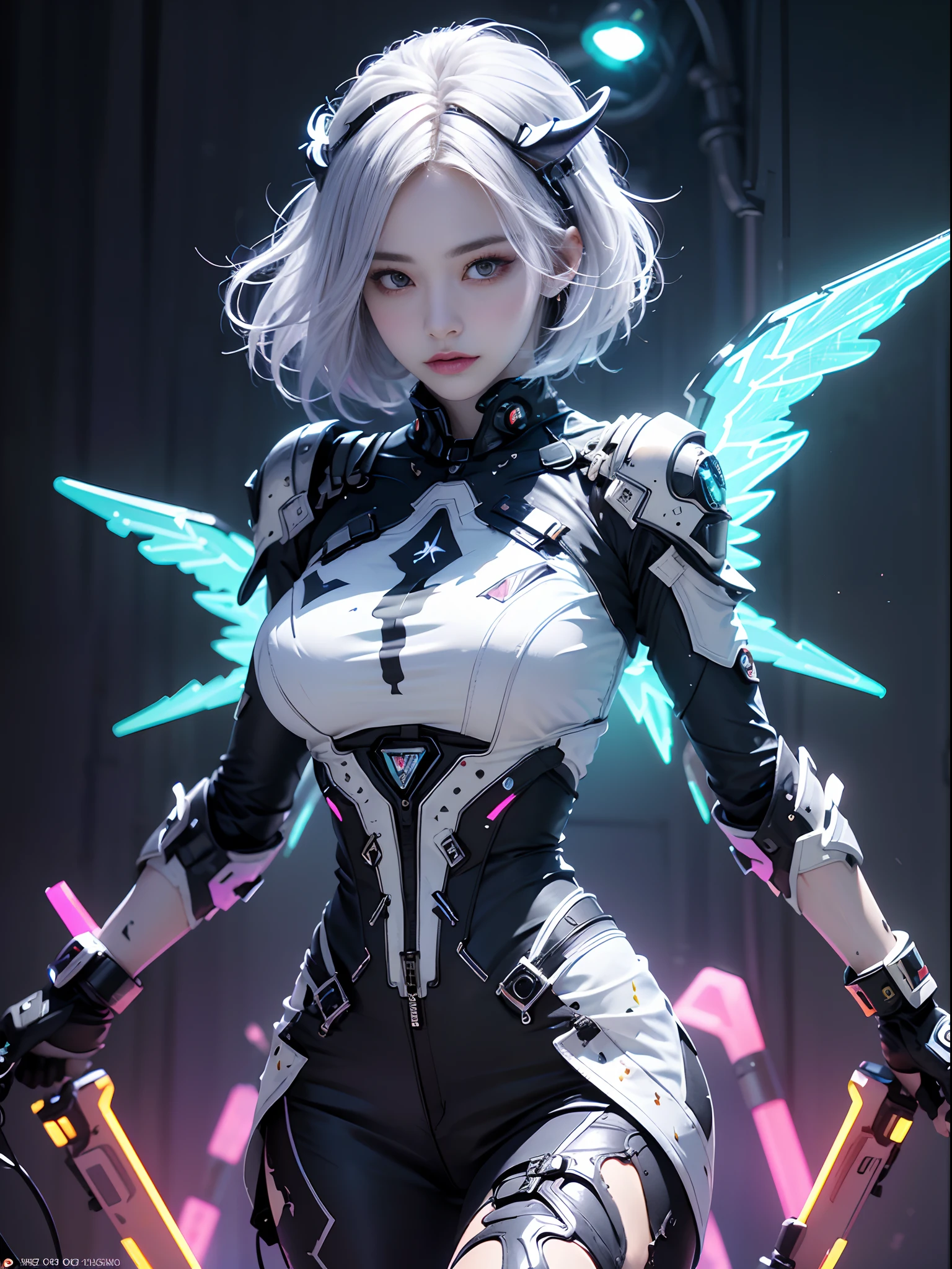 Unbeatable masterpiece, Ultra photo realsisim , Perfect artwork , Intricate details , Best quality , Strong light , High contrast , Dynamic pose , Dutch angle , ((Depth of field)) , (Background:1.5) , (isometry:1) , Bottle bottom , Doubleexposure , (isometry:1.0) , (Succubus:1.2) ,Large_Mecha _arm , Mecha musume , Mechanical wings , thrusters , (1 girl:1.2) , Solo , (Short white hair:1.2) , (Refreshing eyes:1.1) , (mad smile:0.8) , (Huge chest) , (dress) , (Burr digital glowing wings) , (full bodyesbian:1.0) , (Beautiful detailed eyes:1.0) , (Detailed face:1.0) , standing , ((trippy art)) , Fault art , Abstract art , concept-art , (Point _Color:1.4) , (RGB splitting:1.3) , (god light)(Extremely detailed light) , (Science _fiction:1.2) , (psychedelia:1.2) , (Colorful ink) , (Floating colored ink droplets) , (triangles:1.3) , (Lilith of the Night:1.3) .(data stream) , (Gradient_Background:1.1) , (Fault background) , (Pixel digital glow:1.2) , (Fluorescent graffiti :1.2) , (Neon light:1.2) , (light stick:1.2) .(Floating triangular glass shards:1.2)