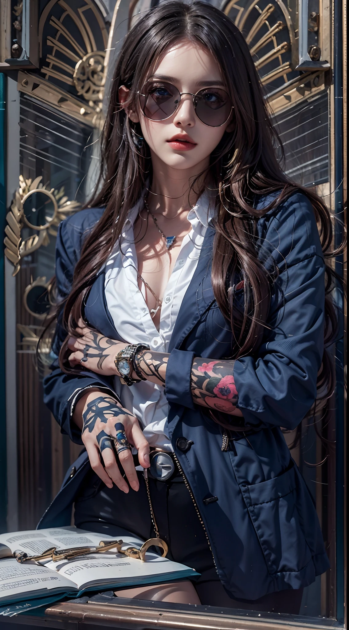 photorealistic, masterpiece, photorealistic, high resolution, soft light, hips up, blue eyes, long hair, jewelry, tattoo, black suit, sunglasses, cool style