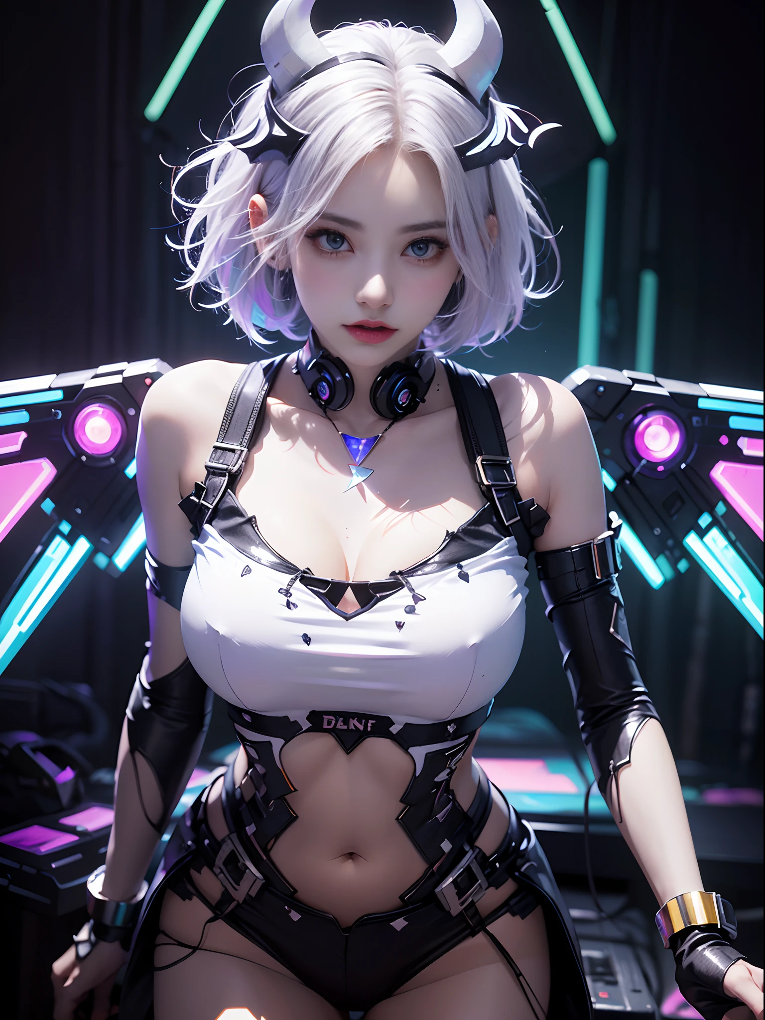 Unbeatable masterpiece, Ultra photo realsisim , Perfect artwork , Intricate details , Best quality , Strong light , High contrast , Dynamic pose , Dutch angle , ((Depth of field)) , (Background:1.5) , (isometry:1) , Bottle bottom , Doubleexposure , (isometry:1.0) , (Succubus:1.2) ,Large_Mecha _arm , Mecha musume , Mechanical wings , thrusters , (1 girl:1.2) , Solo , (Short white hair:1.2) , (Refreshing eyes:1.1) , (mad smile:0.8) , (Huge chest) , (dress) , (Burr digital glowing wings) , (full bodyesbian:1.0) , (Beautiful detailed eyes:1.0) , (Detailed face:1.0) , standing , ((trippy art)) , Fault art , Abstract art , concept-art , (Point _Color:1.4) , (RGB splitting:1.3) , (god light)(Extremely detailed light) , (Science _fiction:1.2) , (psychedelia:1.2) , (Colorful ink) , (Floating colored ink droplets) , (triangles:1.3) , (Lilith of the Night:1.3) .(data stream) , (Gradient_Background:1.1) , (Fault background) , (Pixel digital glow:1.2) , (Fluorescent graffiti :1.2) , (Neon light:1.2) , (light stick:1.2) .(Floating triangular glass shards:1.2)