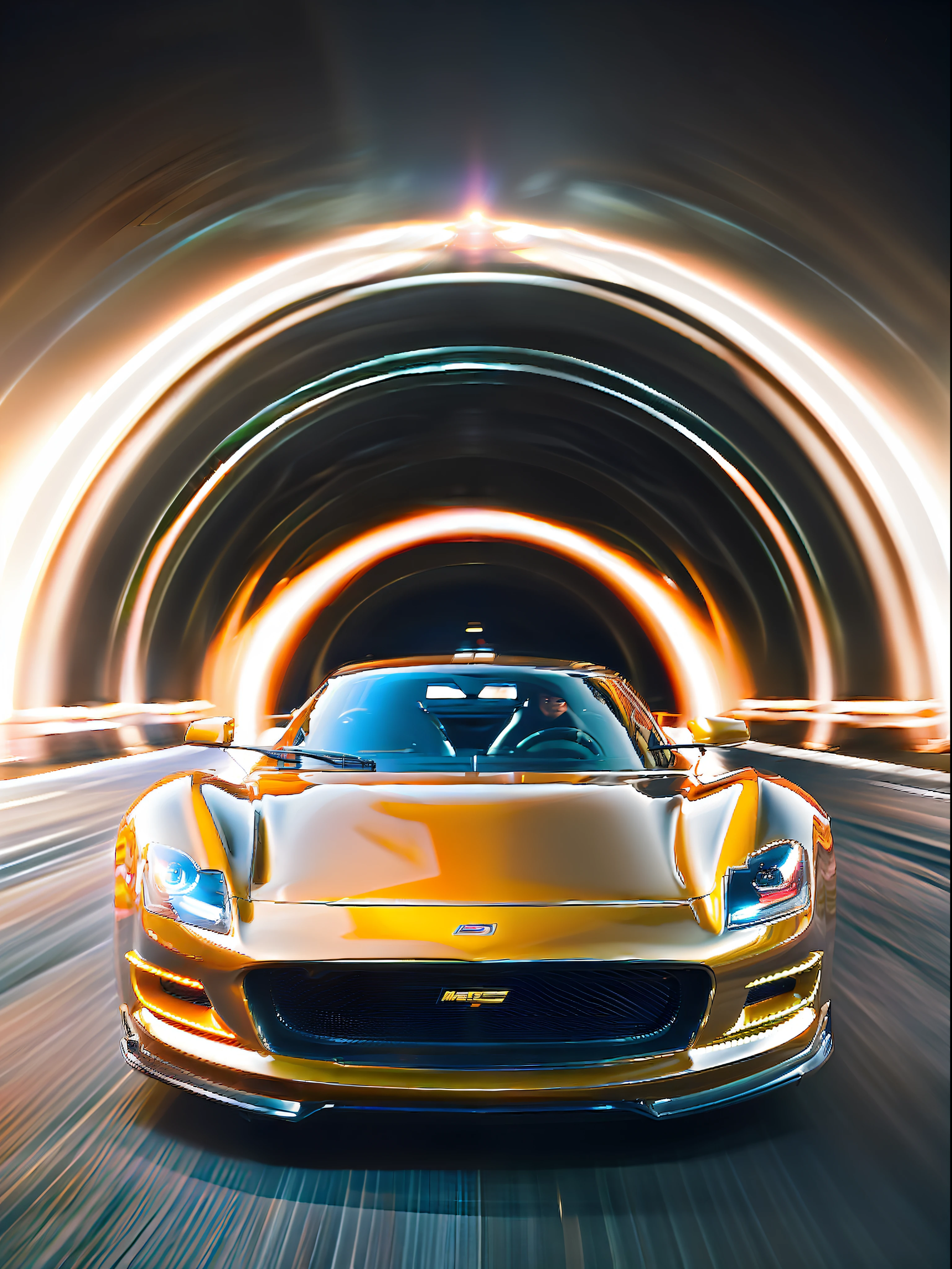 (of the highest quality, High resolution, masutepiece, realistic photo shot, Highly detailed, Motion Blur), Midnight, Futuristic sports car, Fully symmetrical design, Cab driver, Yellow car, Running at the speed of sound, Headlights on, Straight tunnel, invigorating, Physically Based Rendering,