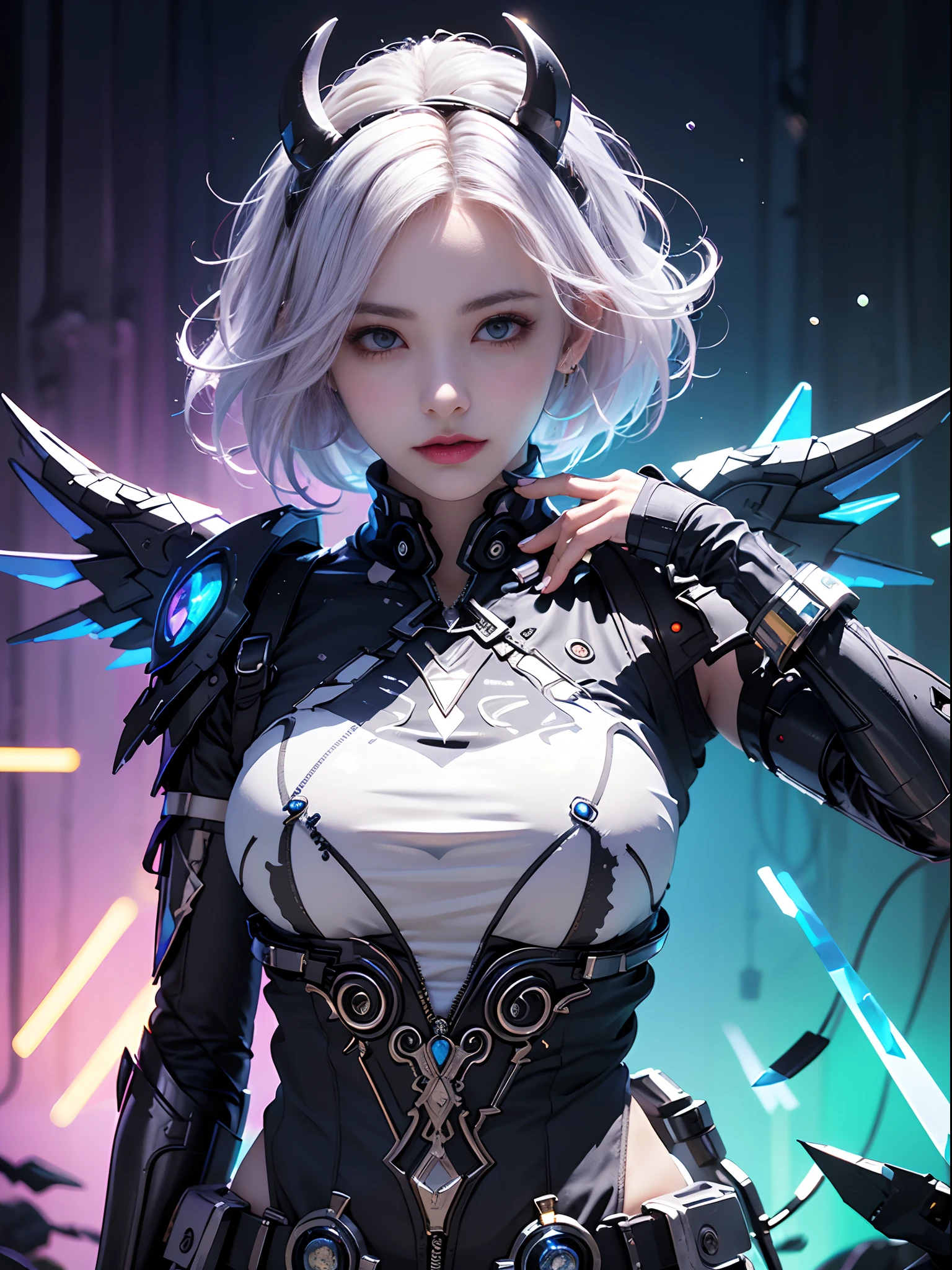 Unbeatable masterpiece, Ultra photo realsisim , Perfect artwork , Intricate details , Best quality , Strong light , High contrast , Dynamic pose , Dutch angle , ((Depth of field)) , (Background:1.5) , (isometry:1) , Bottle bottom , Doubleexposure , (isometry:1.0) , (Succubus:1.2) ,Large_Mecha _arm , Mecha musume , Mechanical wings , thrusters , (1 girl:1.2) , Solo , (Short white hair:1.2) , (Refreshing eyes:1.1) , (mad smile:0.8) , (Huge chest) , (dress) , (Burr digital glowing wings) , (full bodyesbian:1.0) , (Beautiful detailed eyes:1.0) , (Detailed face:1.0) , standing , ((trippy art)) , Fault art , Abstract art , concept-art , (Point _Color:1.4) , (RGB splitting:1.3) , (god light)(Extremely detailed light) , (Science _fiction:1.2) , (psychedelia:1.2) , (Colorful ink) , (Floating colored ink droplets) , (triangles:1.3) , (Lilith of the Night:1.3) .(data stream) , (Gradient_Background:1.1) , (Fault background) , (Pixel digital glow:1.2) , (Fluorescent graffiti :1.2) , (Neon light:1.2) , (light stick:1.2) .(Floating triangular glass shards:1.2)