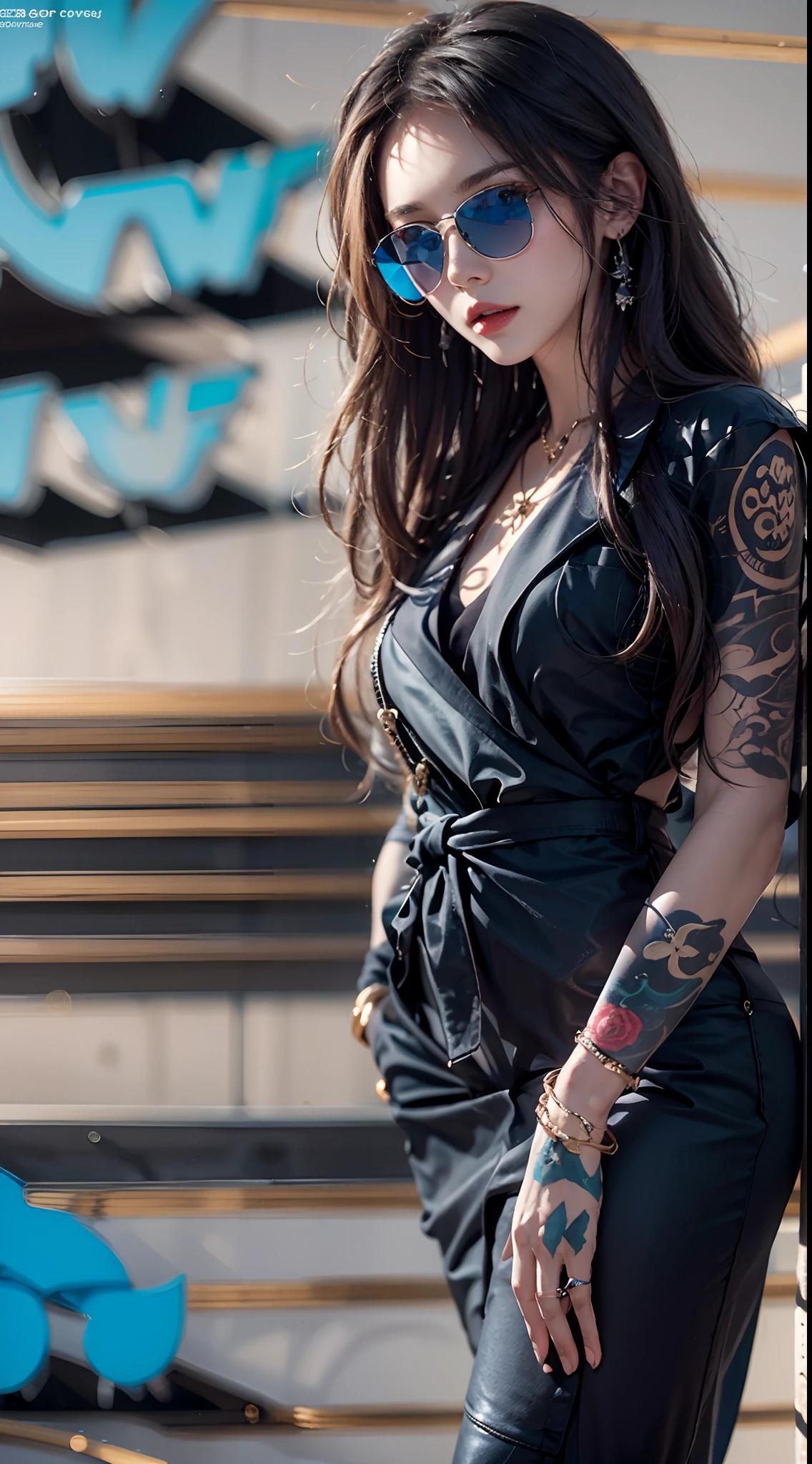 photorealistic, masterpiece, photorealistic, high resolution, soft light, hips up, blue eyes, long hair, jewelry, tattoo, black suit, sunglasses, cool style