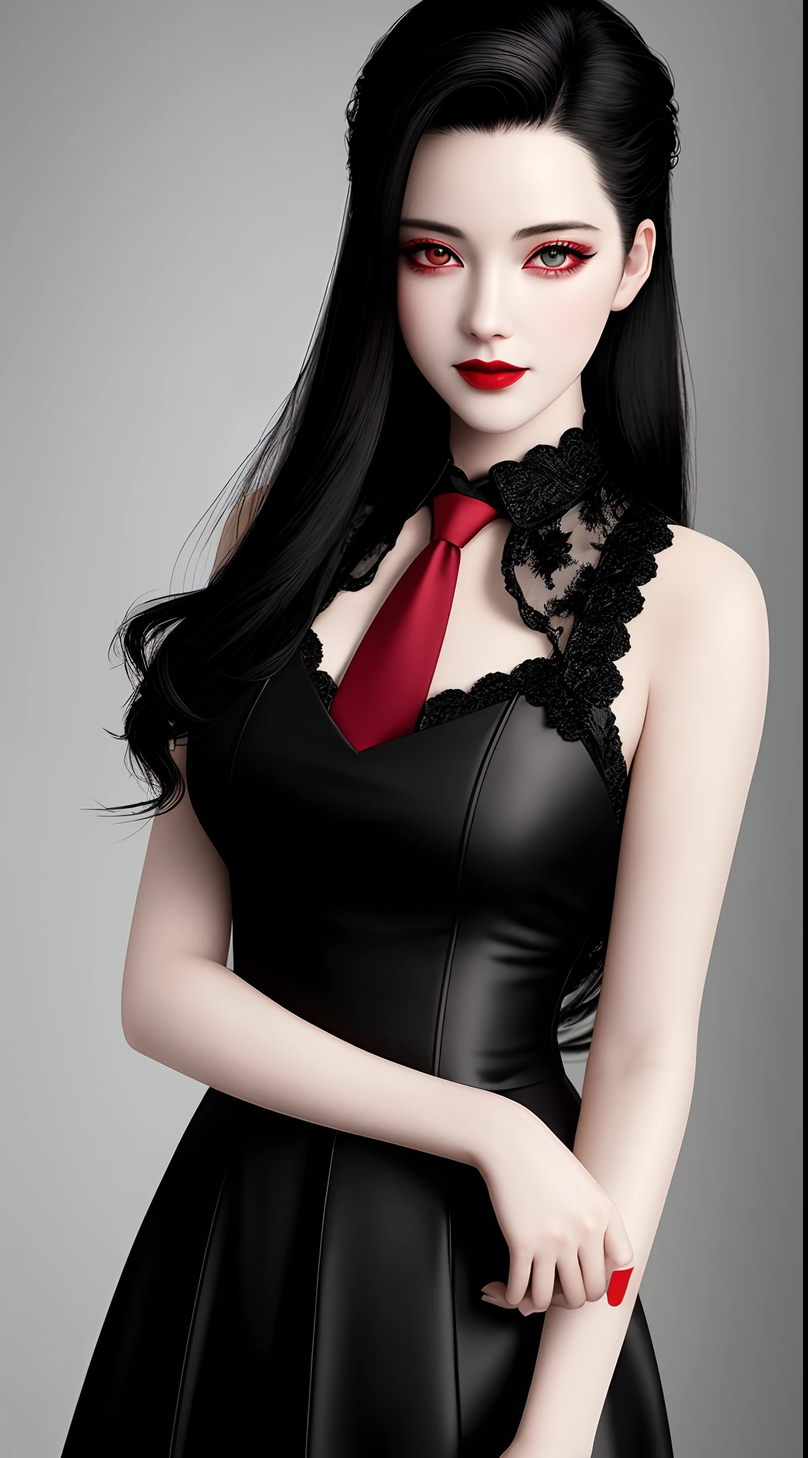 HD, 8K, (((Masterpiece))), (((A high resolution))), ((Best quality)), ((An extremely delicate and beautiful)), Crazy detail and intrusive, Super detailed, Tokyo Ghoul, 1 woman, Solo, black collared shirt, red necktie, Pale skin, large lips, Puffy lips, Black lips, Red eye, eBlue eyes, Heterochromia, ringed eyes, Glowing eyes, Black hair, Long hair, hair slicked back, ghoul, Evil smile, Scar face