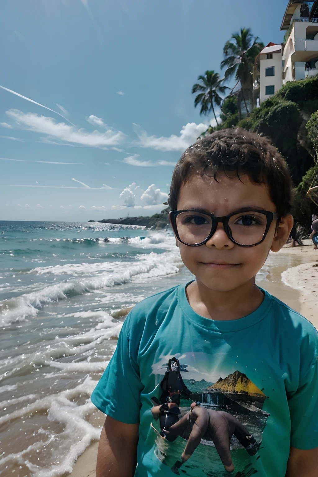 Produce a cartoon of a happy 3-****-*** boy wearing glasses, sitting on a dry tree trunk in the sand of a beautiful, praia tranquila. The sunrise is stunning, com seu reflexo no mar. Make sure the drawing is filled with (((detalhes intrincados))), Especially in relation to the boy's glasses and the natural environment. Ambicione ((extrema qualidade de detalhes)) para capturar a beleza serena da praia ao nascer do sol. crie um ((Complex composition)) which emphasizes the child's innocence and breathtaking scenery.