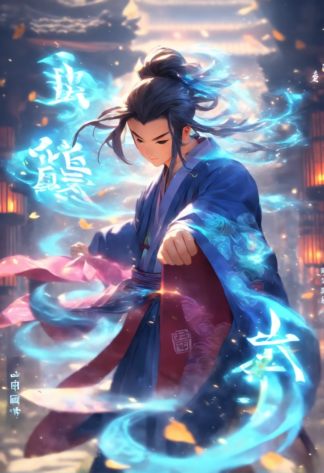 1boys,(((Solo))),(full bodyesbian:1.5),Young scholars of ancient China,(Hold the transparent illuminated scroll:1.5),(Transparent glowing kanji hovering in midair:2),(Transparent kanji background:1.5),Vertical text,glittery,Scholar in blue robes,Long flowing hair flutters in the wind,16k, hyper HD, high resolution, Very detailed, Best image quality,dynamicposes,(20 columns of Chinese characters:1.6),arranged in an orderly fashion