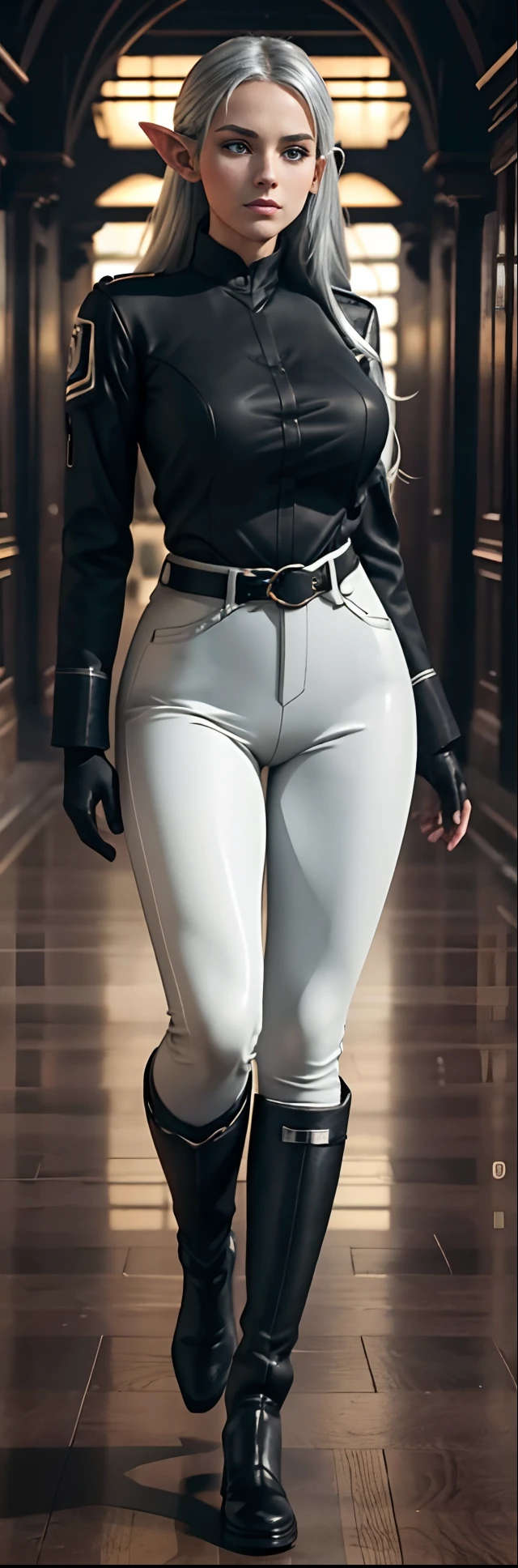 full body portrait of beautiful 1girl, solo, elf ((milf)), (very long) silver hair, tied in a knot, (( tight long sleeve shirt)), ((coat)), ((black knee-high riding leather boots)), ((white leggings)), Anime style photo, Manga style, Digital art, glow effects, render, 8k, octane render, cinema 4d, blender, dark, atmospheric 4k ultra detailed, cinematic sensual, Sharp focus, hyperrealistic, big depth of field, Masterpiece, colors, 3d octane render, 4k, concept art, trending on artstation, hyperrealistic, Vivid color, huge breasts, palace corridor, black gloves, (looking at viewer), (seductive:0.8),(smile:0.3)(evil:0.5), (from below:0.7),confident, belt,(military uniform), walking slowly, (hand on hip), (looking at viewer), aristocratic, dominant,(Standing on floor)