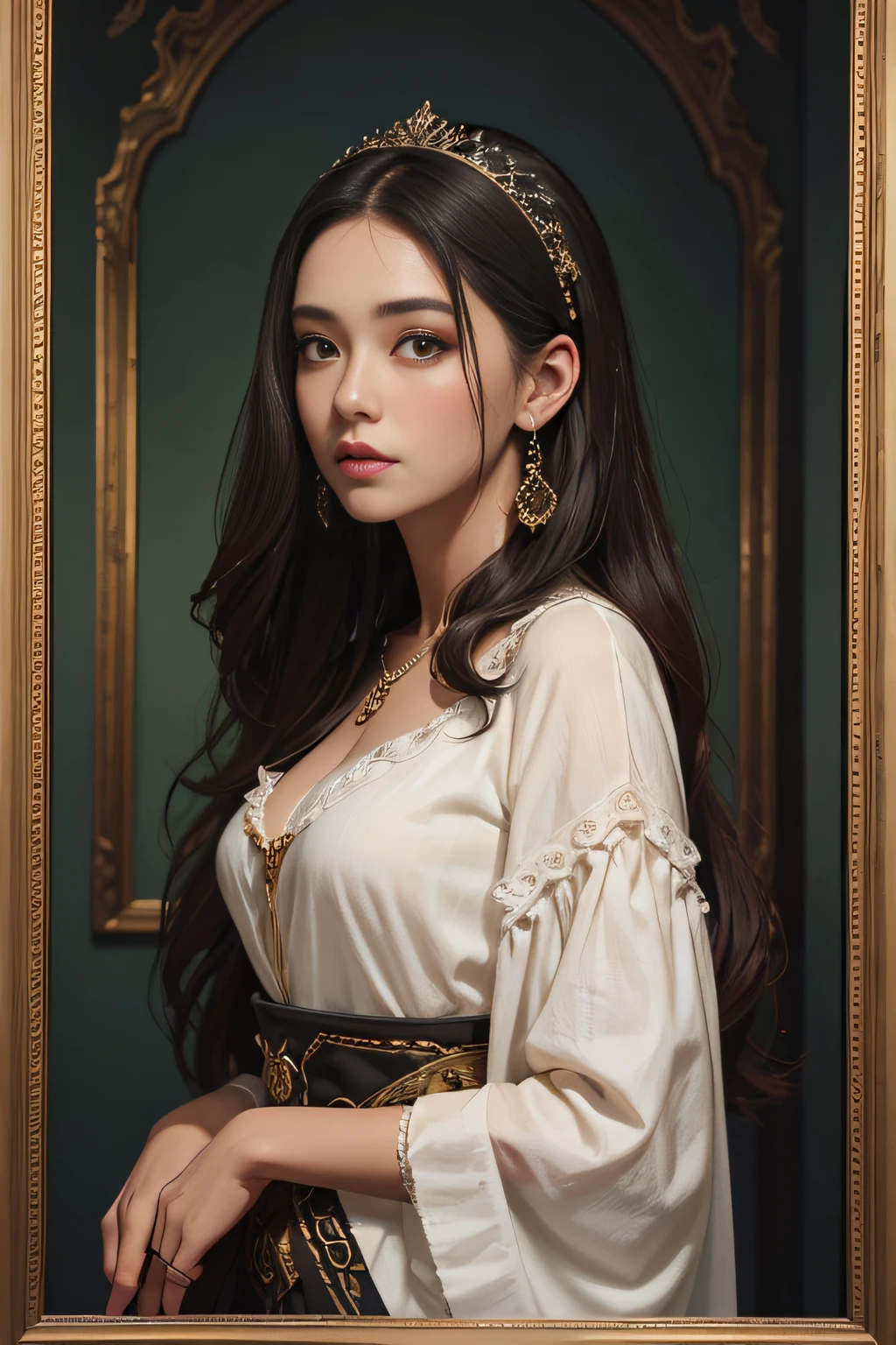 young woman , sozinha , olhar telespectador ,(tmasterpiece )(HighestQuali) ,1girl,oil painted,realistic oil painting , busto , detalhes claros , Alto realismo , period clothing style , beleza natural , profundidade na imagem , sombras bem definidas ,