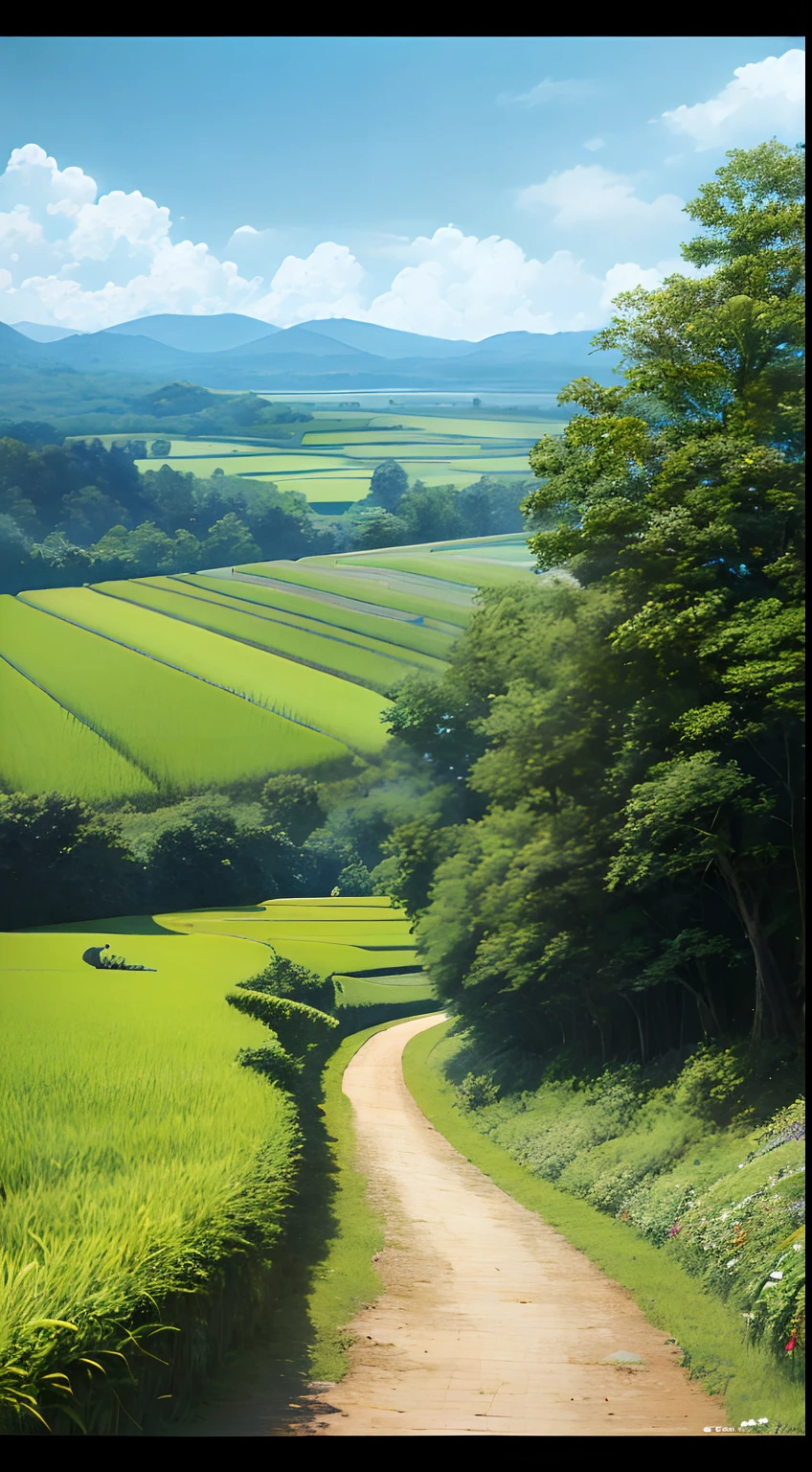 An old farmer carrying a flat burden, walking on the winding path of the countryside, big clouds, blue sky, rice fields, neat rice seedlings in the field, forest, hillside, secluded, countryside, HD detail, hyper-detail, cinematic, surrealism, soft light, deep field focus bokeh, ray tracing and surrealism. --v6