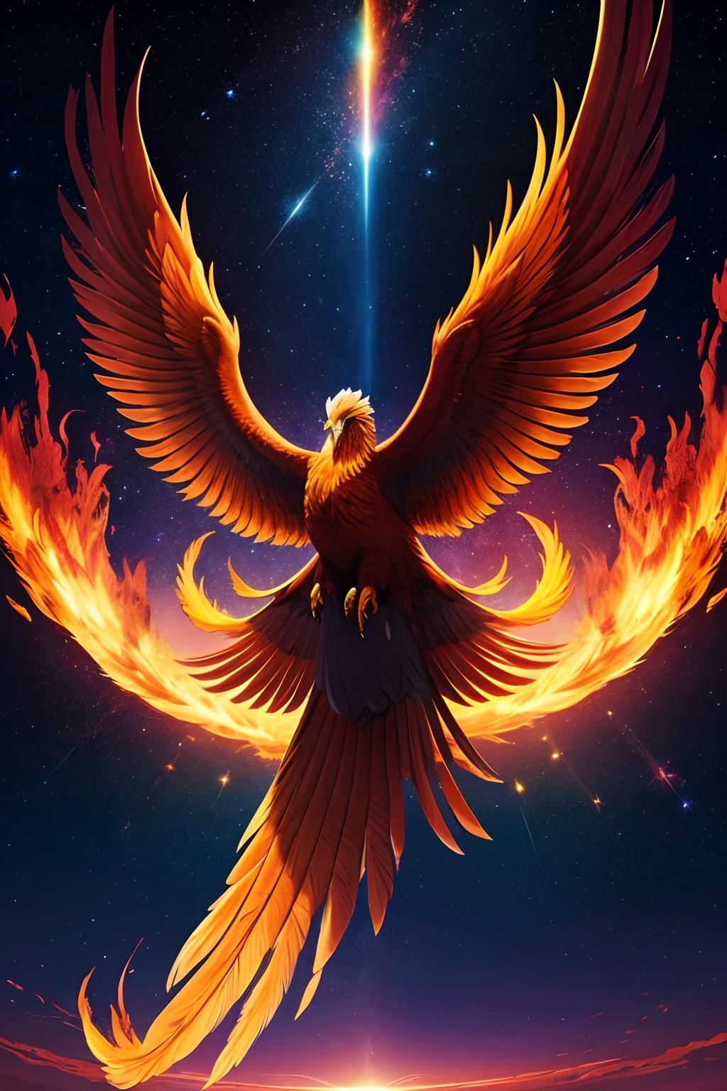 cover page of a majestic phoenix bird soaring through the endless expanse of space, its fiery feathers leaving a trail of stardust in its wake, colorful background, 8k.