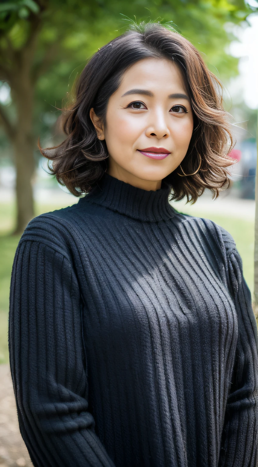 ((Best quality, 8K, Masterpiece, Portrait: 1.3)), (View viewers), Photorealism, Sharp focus, Solo, The Moro Islamic Liberation Front of Japan, Beauty, 28 years old, Curly hair, wrinkles around the eyes, high-necksweater ((standing on one leg)), Walk in the park,