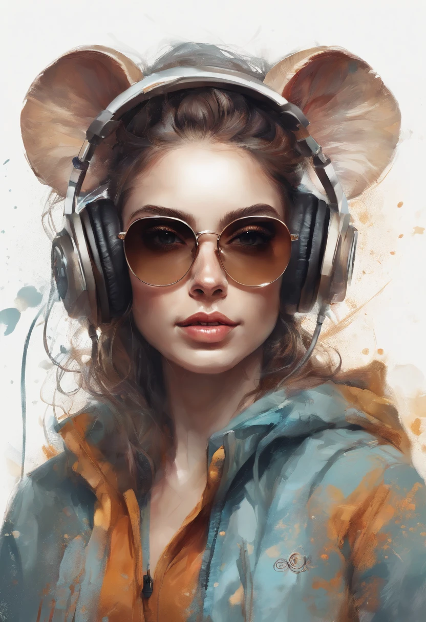 Perfect centering, Cute mouse, Wear a student team jacket, Wearing sunglasses, Wearing headphones, cheerfulness, Standing position, Abstract beauty, Centered, Looking at the camera, Facing the camera, Approaching perfection, Dynamic, Highly detailed, Smooth, Sharp Focus, 8K, hight resolution, Illustration, art by carne griffiths and wadim kashin, White background
