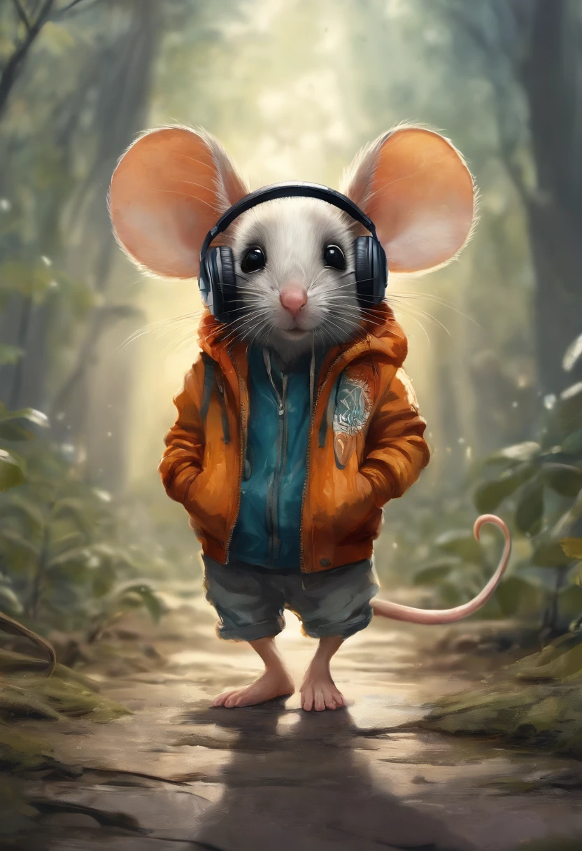 Perfect centering, Cute mouse, Wear a student team jacket, Wearing sunglasses, Wearing headphones, cheerfulness, Standing position, Abstract beauty, Centered, Looking at the camera, Facing the camera, Approaching perfection, Dynamic, Highly detailed, Smooth, Sharp Focus, 8K, hight resolution, Illustration, art by carne griffiths and wadim kashin, White background