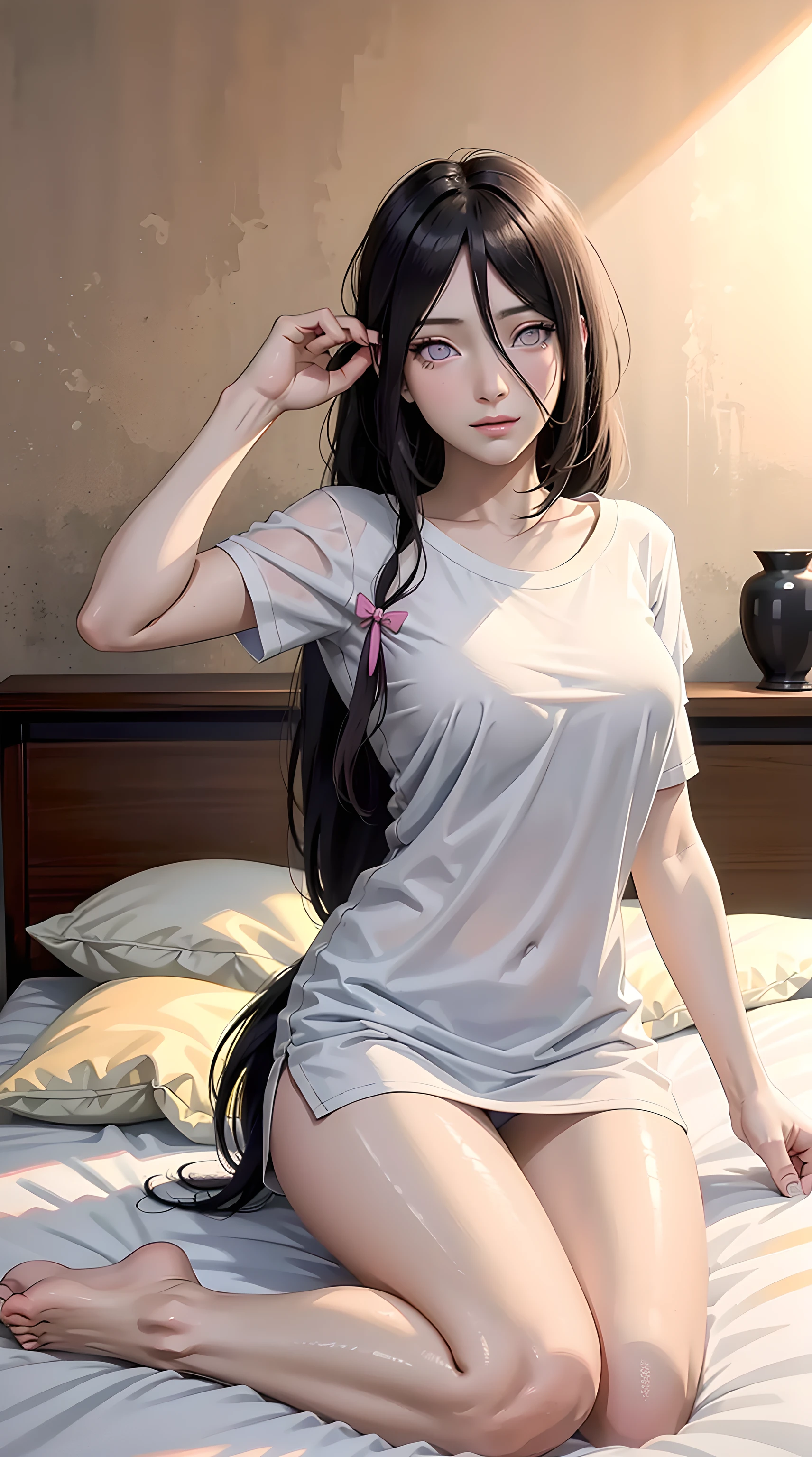 hyuuga hanabi, long hair tied low, hair band, hana, purple eyes, beautiful, beautiful woman, perfect body, perfect breasts, wearing a big white t-shirt, black panties, in bed, bedroom, bed, sitting on the bed sleeping, looking at the viewer, slightly smiling, realism, masterpiece, textured skin, super detail, high detail, high quality, best quality, 1080p, 16k