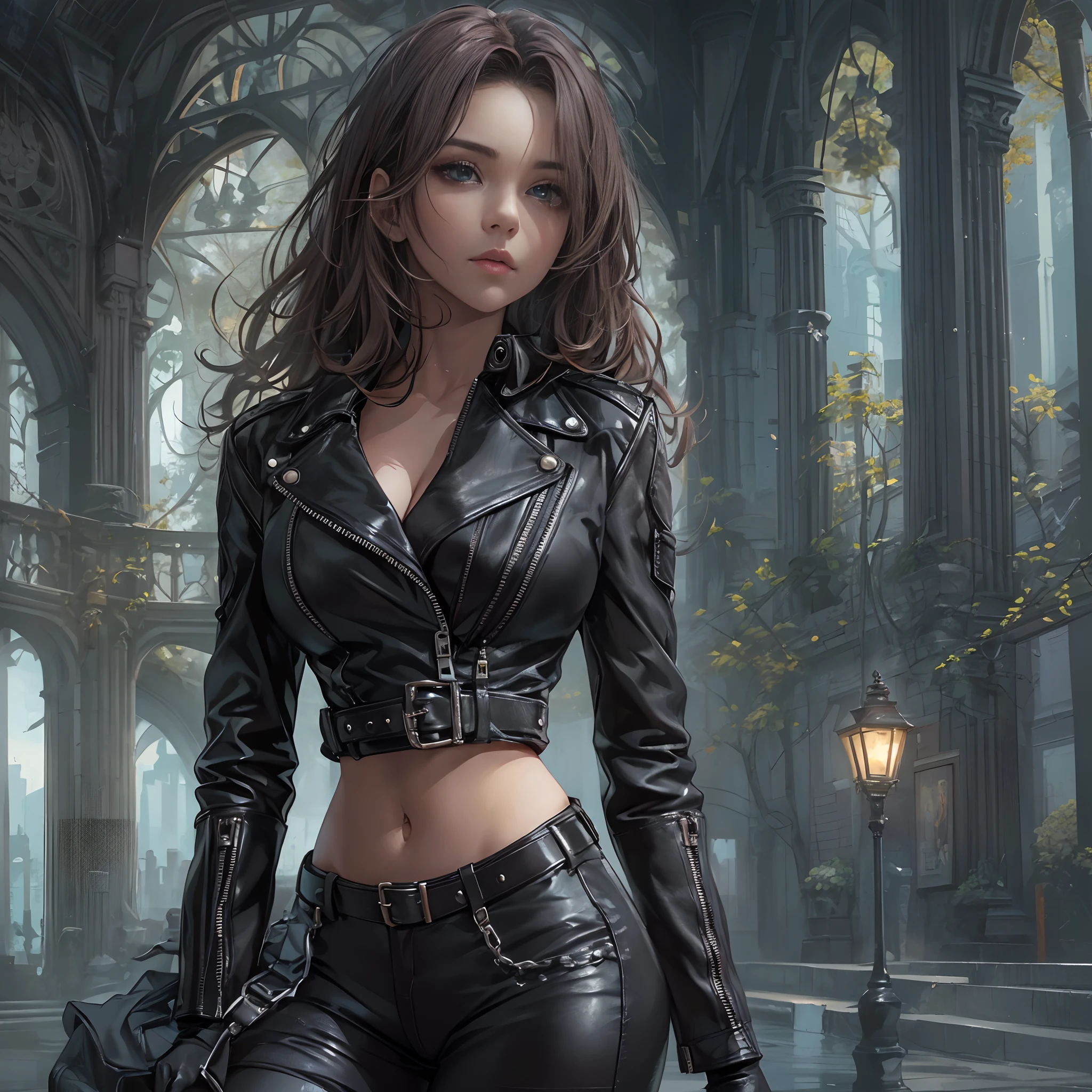 1 girl, heavy goth makeup, fantasy character, cyberpunk horror, dark fantasy, navel, gothic mage, muscular abs, leather lace corset cropped top, leather pants, sensual
