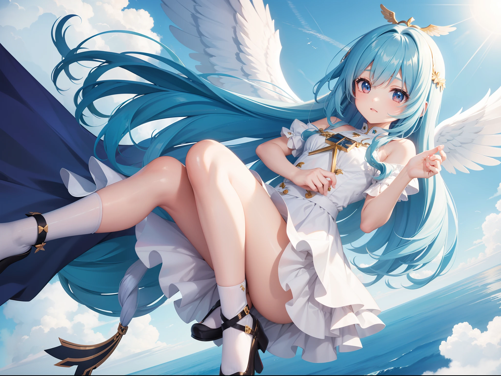 Girl Character　With the Wings of an Angel、mont々Visible flying in the sky。long hair with blue hair((Chibi Chara))、Fluffy、girl with、Chibi Chara、full body Esbian、Pastel colors hair、masutepiece、top-quality、Large in the center