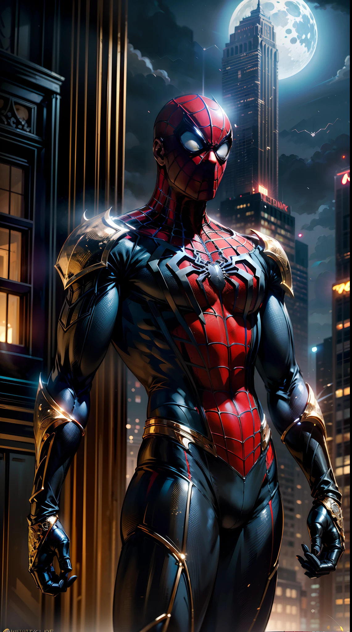 An artistic interpretation of  ((male Spider-Man)), (((adorned in a striking black and gold armor designed intricately))), stands heroically amidst the bustling streets of New York City beneath the luminous glow of a full moon. The intricately designed suit shimmers with a glossy black and resplendent gold finish, accentuating the web-slinger's agility and grace. Spider-Man's iconic pose exudes a sense of power and vigilance, as he surveys the city from his vantage point. The New York street comes alive in the night, with vibrant city lights illuminating the urban landscape. The moon shines brightly overhead, casting its ethereal radiance upon the scene. The cityscape is alive with a symphony of colors and reflections, creating a visually captivating atmosphere.The art style draws inspiration from the works of Alex Ross, combining elements of realism and superhero aesthetics. The camera angle is dynamic, capturing Spider-Man's dynamic presence against the backdrop of the city that never sleeps. The render style is a fusion of hyper realism and surrealism, invoking a sense of awe and wonder. The image is conceived in breathtaking 64K UHD resolution, allowing for unparalleled levels of detail and visual richness, (((masterpiece))), (high res), ((super cinematic lighting)), award winning photograph,