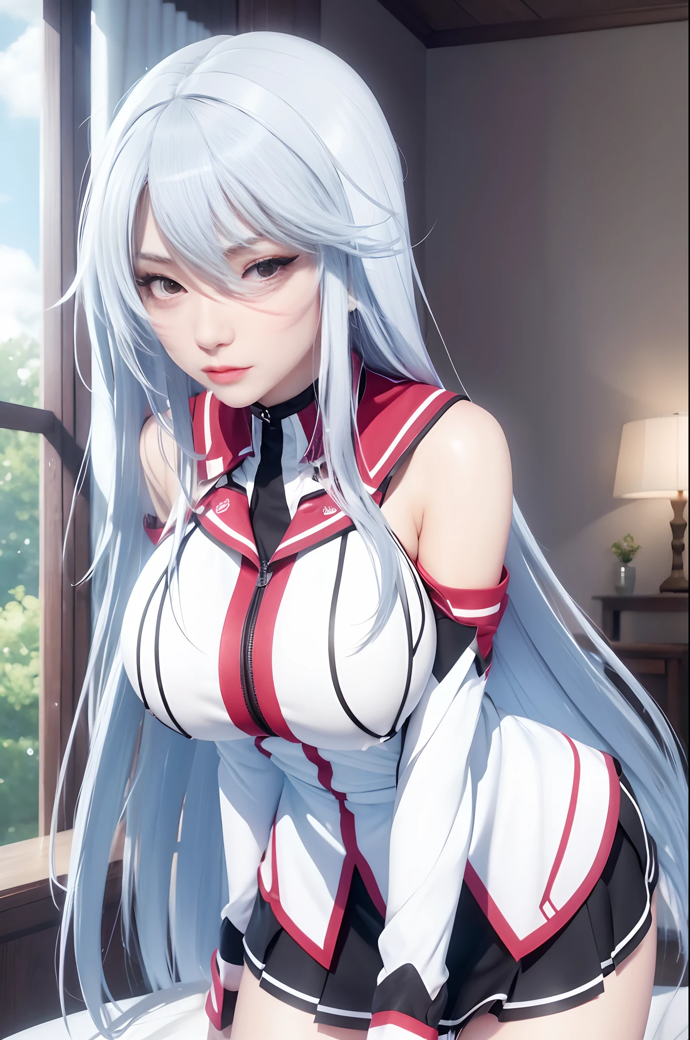(8k, RAW photos, top quality, masterpiece: 1.2), (realistic, photorealistic: 1.37), (High Quality), (Ultra realistic), (High Details), (Face detail), (Shadow Detail), (big breast : 1.7), wide hips, big butt, 1 girl, solo, white hair, light red eyes, blush, pink lips, white shirt, black short skirt, angry