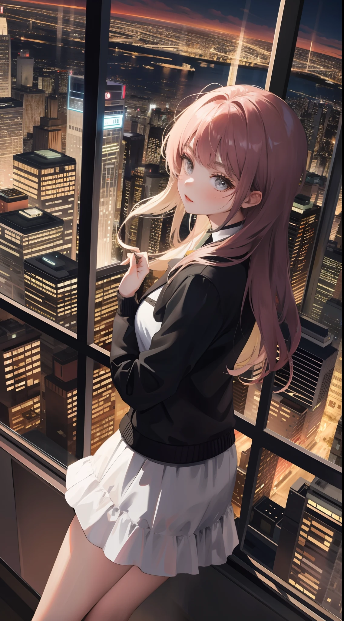 1 adult girl looking at the night city view by the window