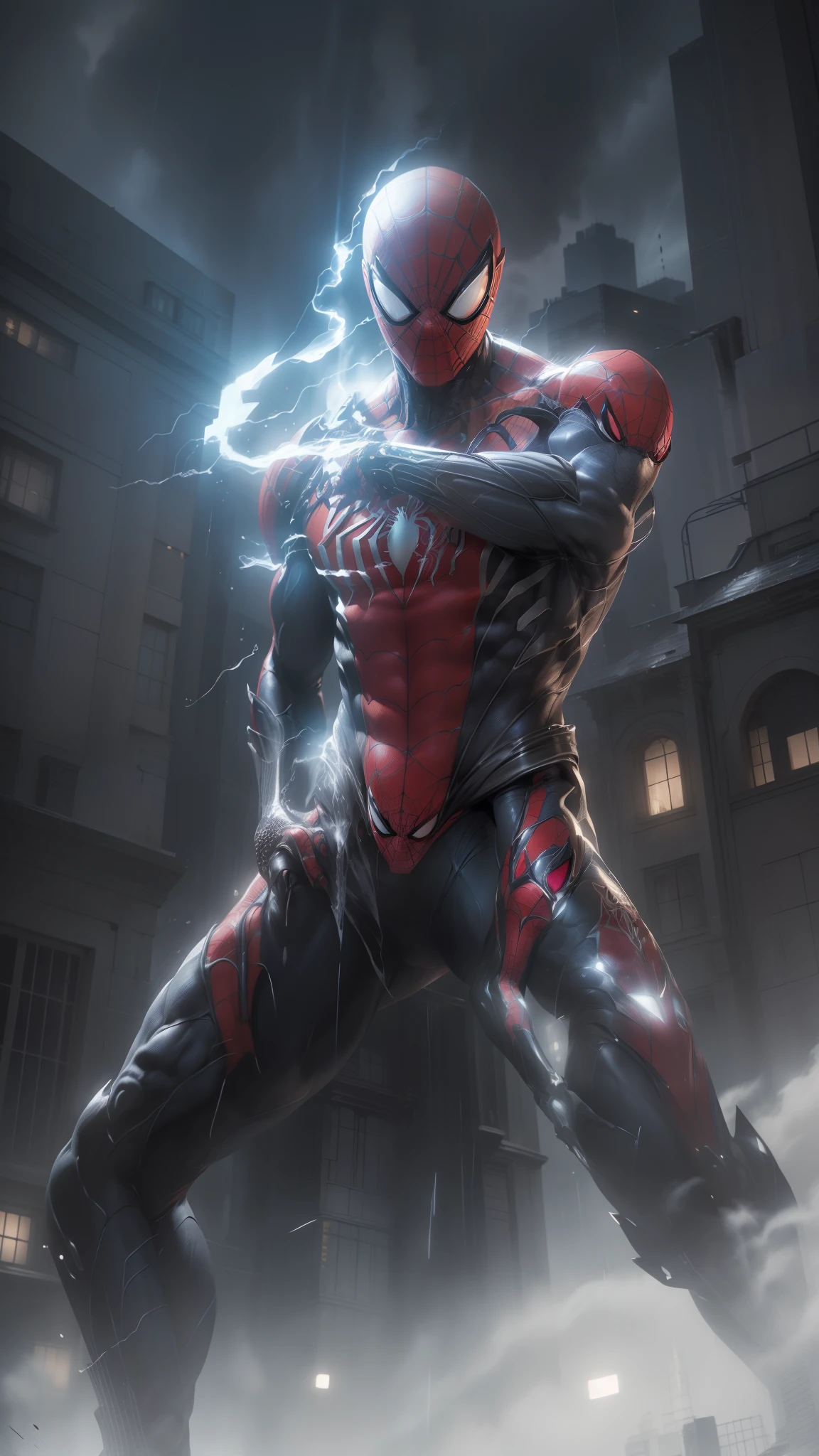 Spiderman in black suit, masculine figure, top of a building, dark ambient, cinematic, aggressive look, glowing eyes, wallpaper, hd wallpapers, detailed, hyper realistic, rainy afternoon, old building, looking at the viewer, mechanical suit