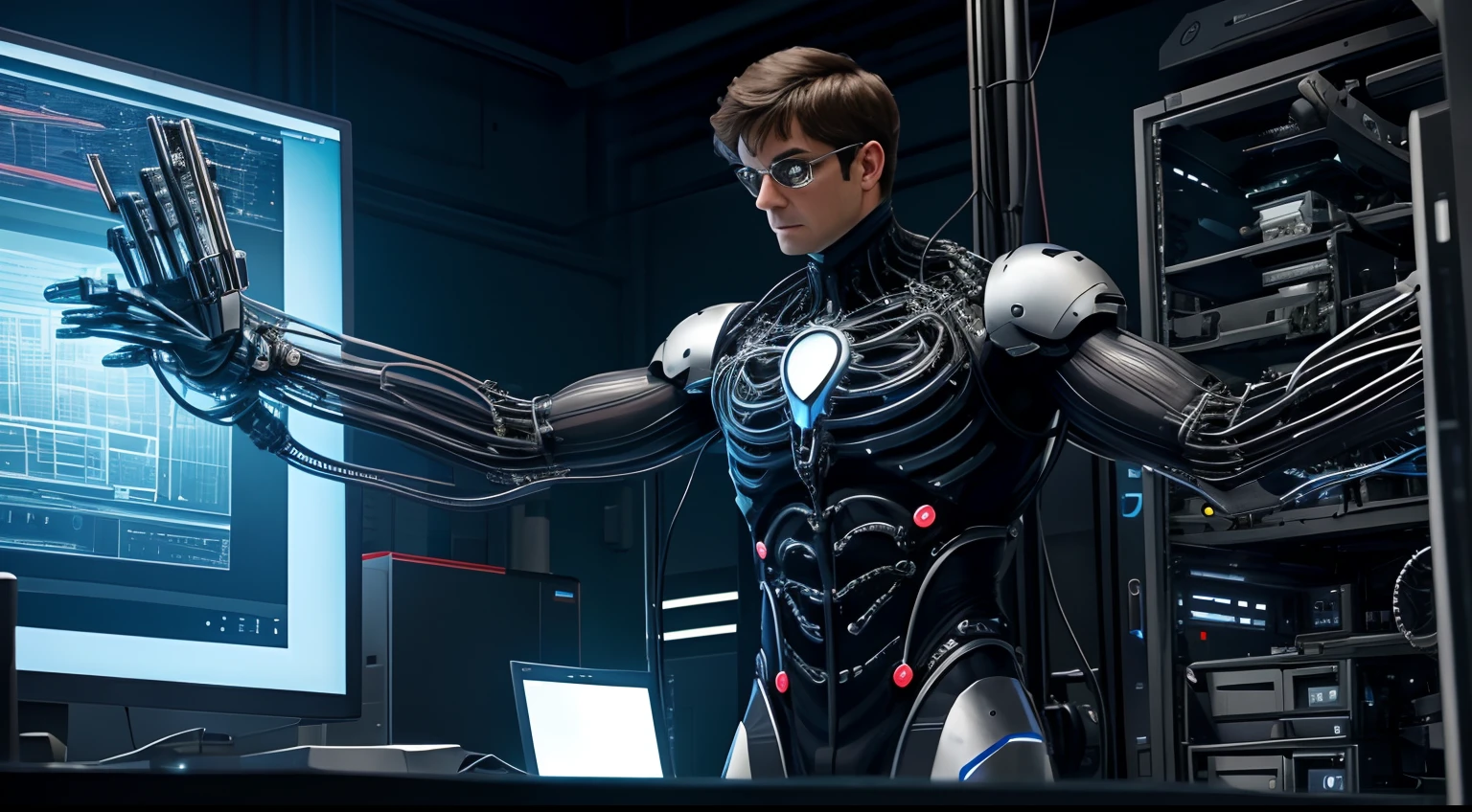 In this scene, Dr. Octavius has completed his transformation He stands amidst computers and experimental equipment in his laboratory, with his four mechanical arms displaying strength and readiness