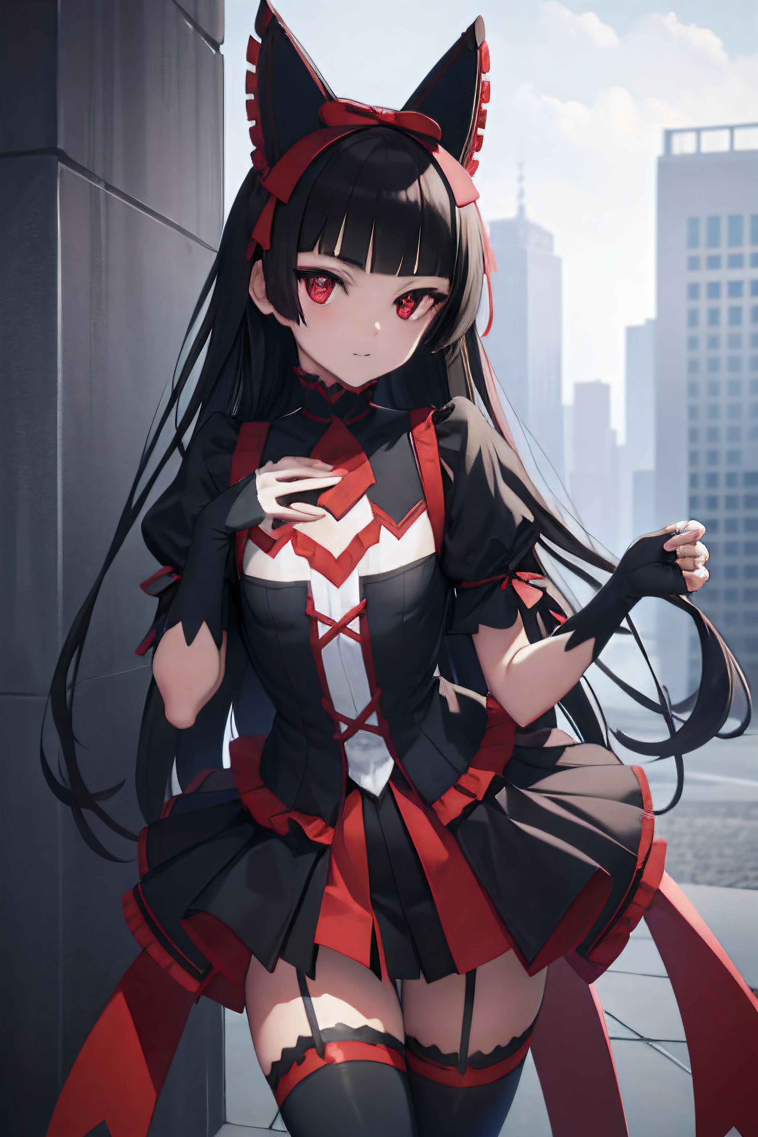 rorymercury, rory mercury, black hair, blunt bangs, hime cut, hair ornament, lipstick, long hair, makeup, (small chest:1.2), (red eyes:1.5),
BREAK black gloves, black thighhighs, garter straps, gloves, gothic, hair bow, gothic fashion, puffy short sleeves, puffy sleeves, short sleeves, thighhighs,
BREAK outdoors, city,
BREAK looking at viewer,
BREAK (masterpiece:1.2), best quality, high resolution, unity 8k wallpaper, (illustration:0.8), (beautiful detailed eyes:1.6), extremely detailed face, perfect lighting, extremely detailed CG, (perfect hands, perfect anatomy),