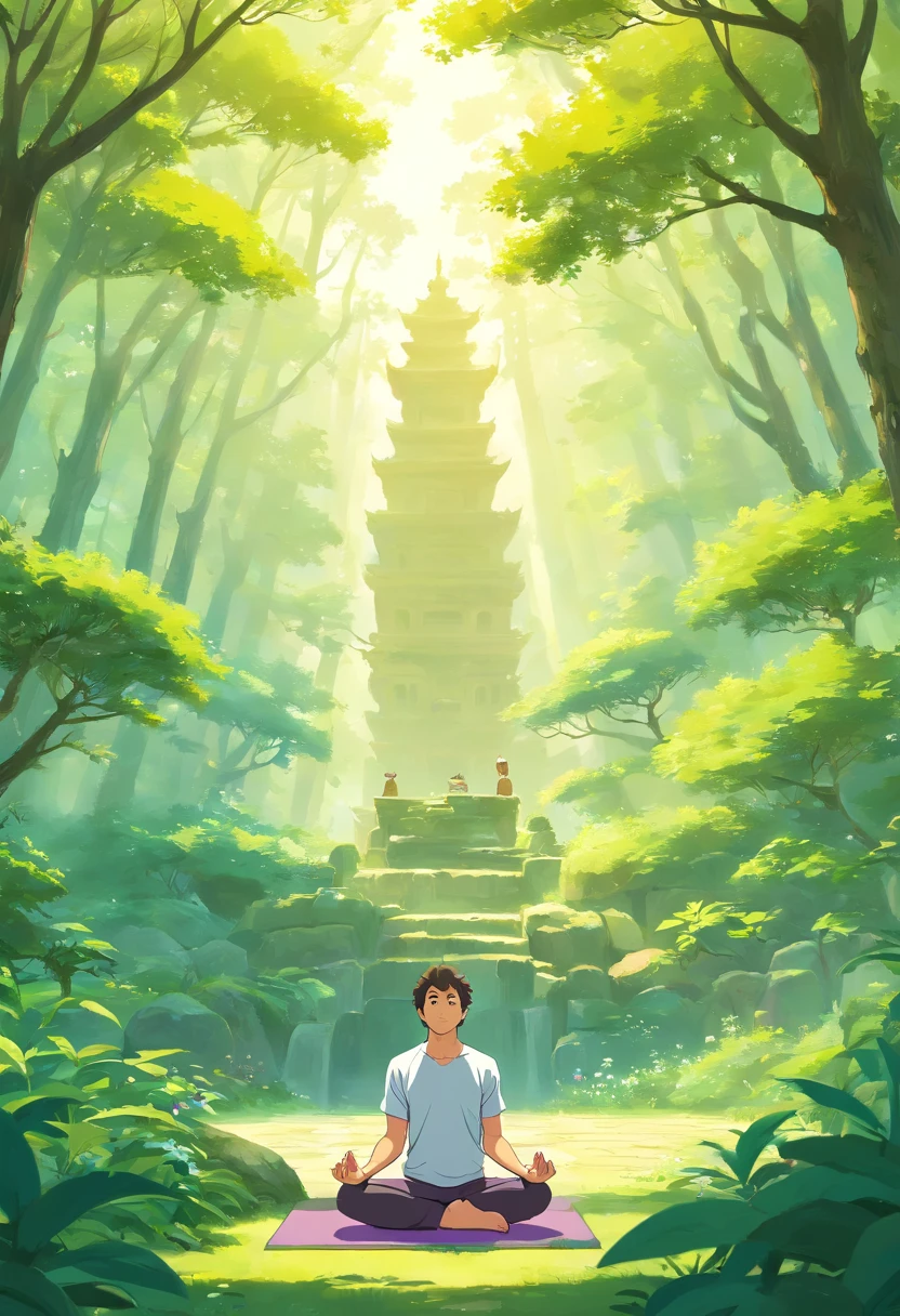 Create an image of a man doing yoga in a tranquil natural setting, emphasizing the physical and mental strength gained through connecting with nature. 2d flat illustration